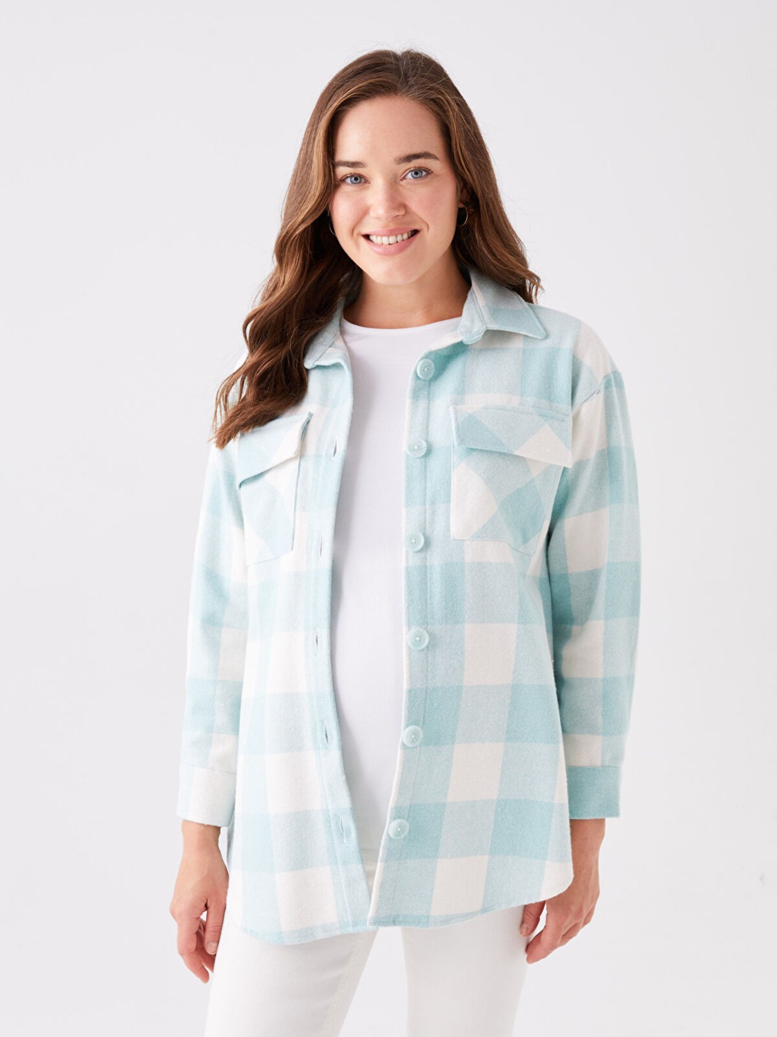 LC Waikiki Ekose Desenli Uzun Kollu Hamile Gömlek Ceket Flanel Kumaş Günlük Stil
