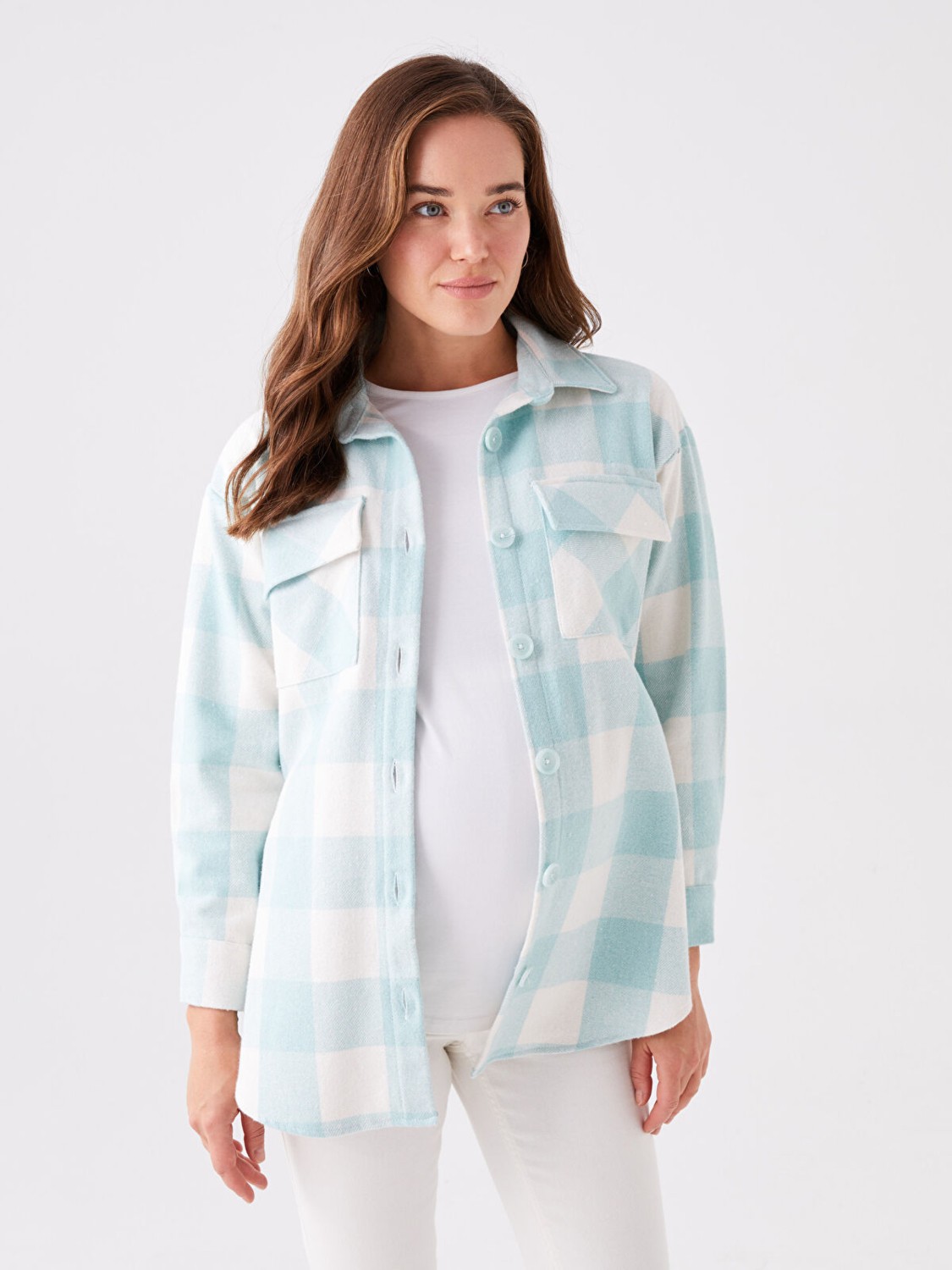 LC Waikiki Ekose Desenli Uzun Kollu Hamile Gömlek Ceket Flanel Kumaş Günlük Stil görsel 2