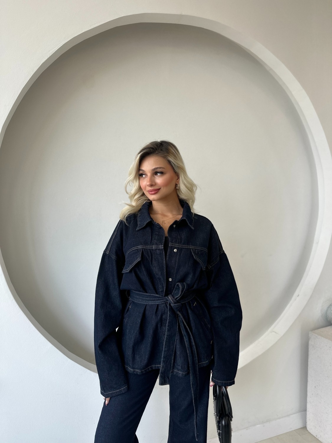 Nsade Kuşaklı Mavi Flare Pantolon Çift Cepli Ceket Denim Tasarım Takım görsel 3