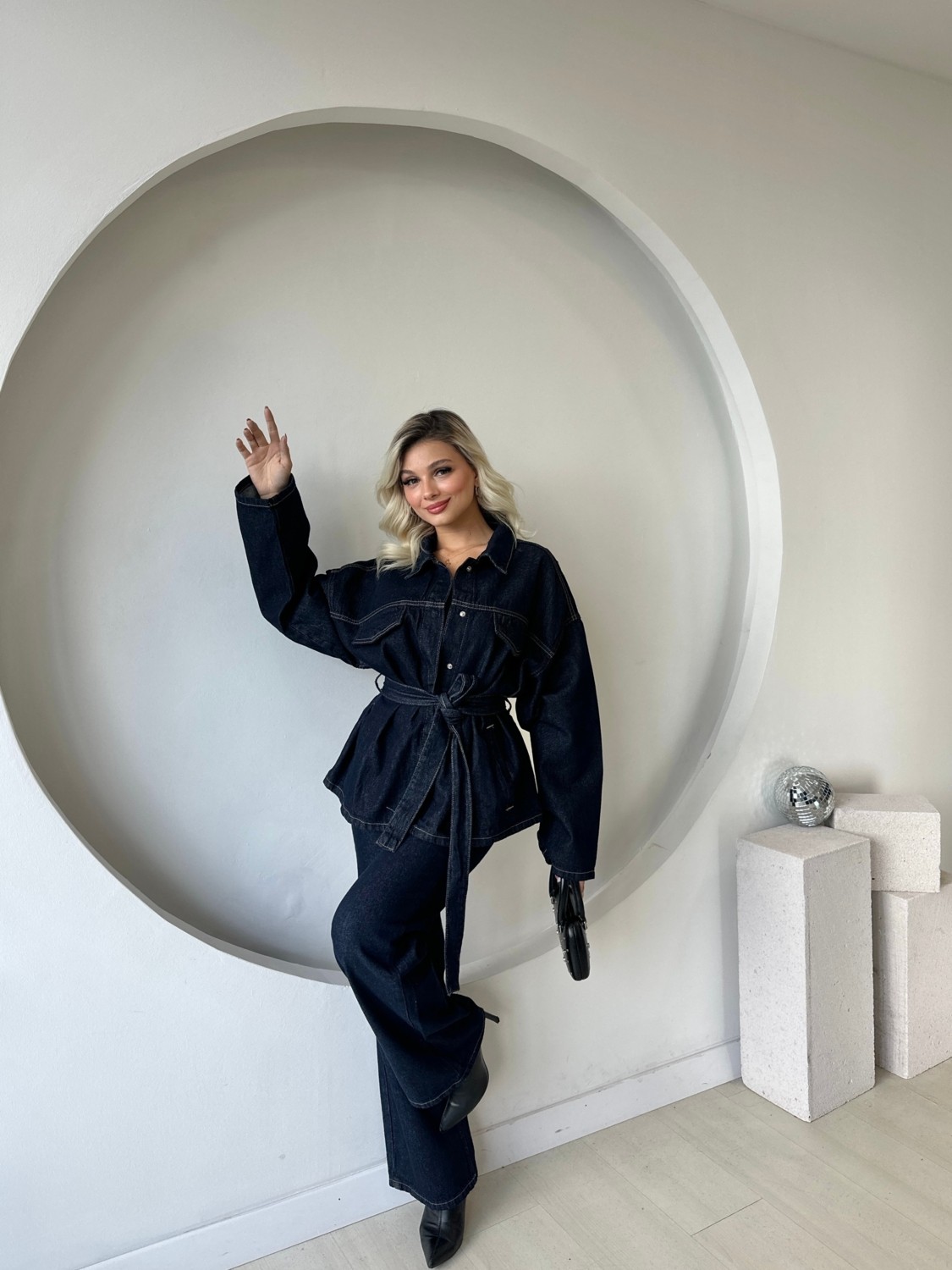 Nsade Kuşaklı Mavi Flare Pantolon Çift Cepli Ceket Denim Tasarım Takım görsel 4