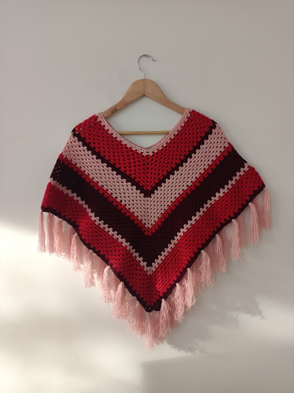 Yaso Shop El Örgüsü Kadın Panço Kırmızı Bordo Pembe