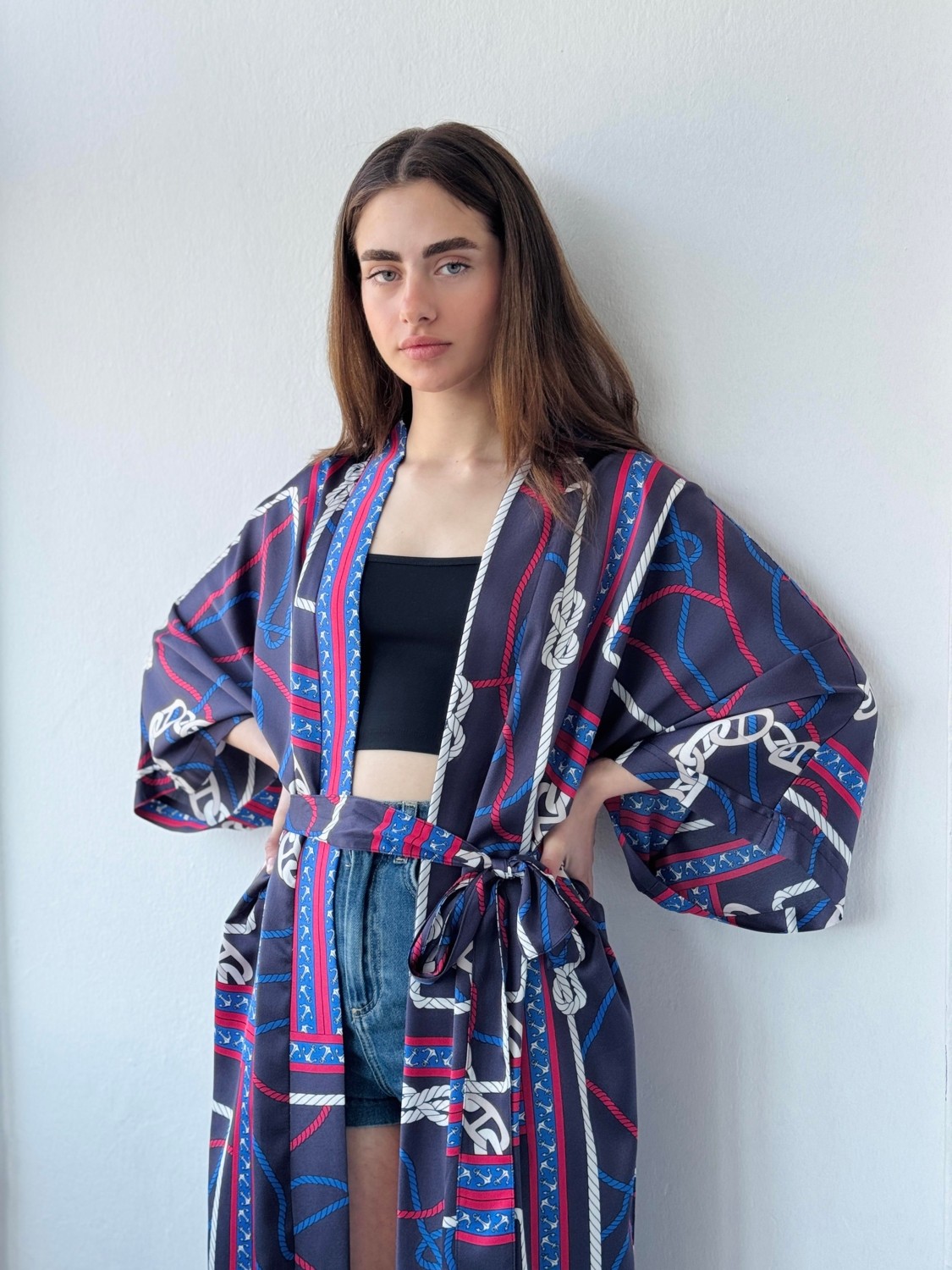 Retrobird Tasarım Marin Zincir Desen Uzun Kimono Kadın Lacivert görsel 6