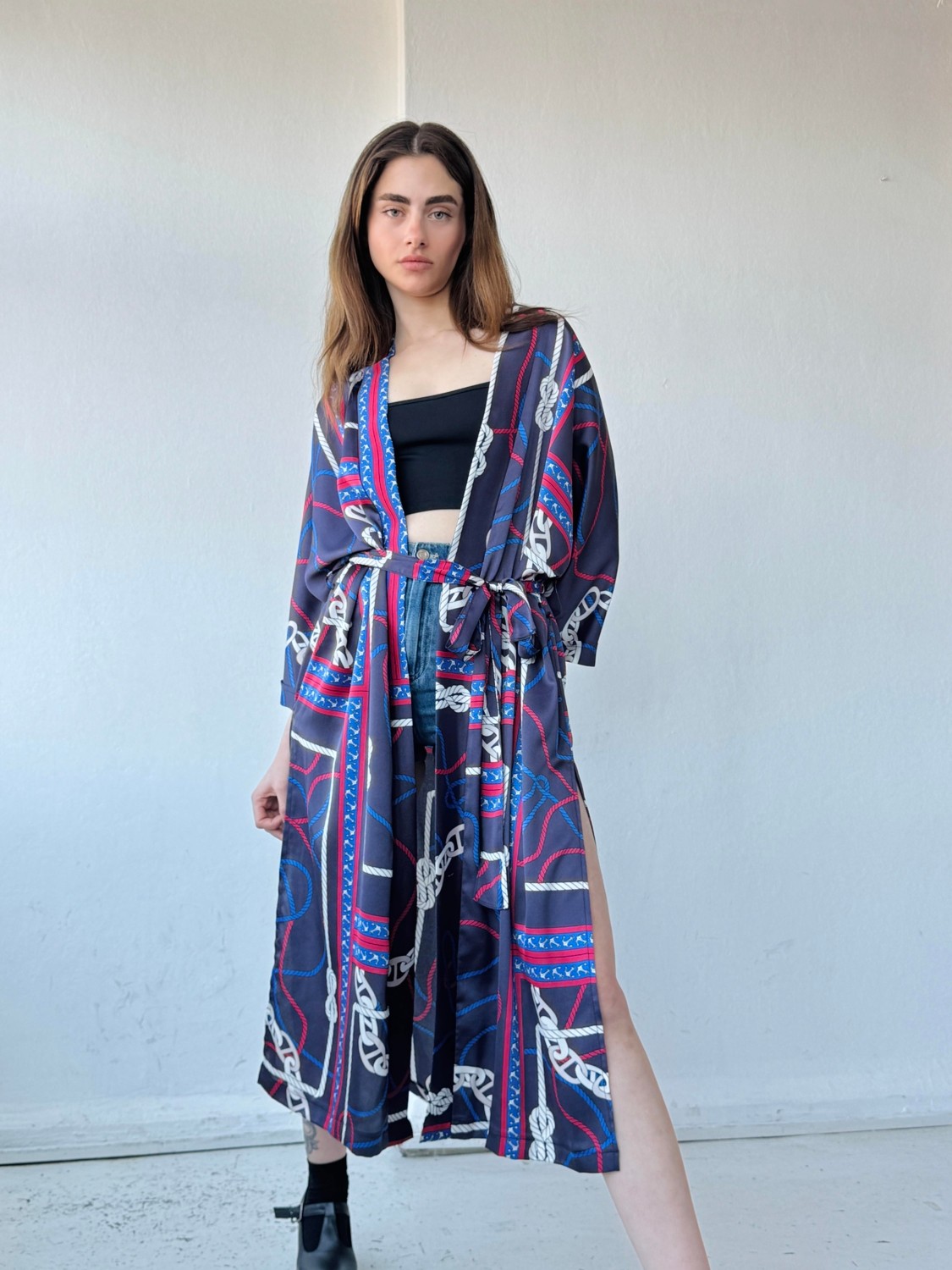 Retrobird Tasarım Marin Zincir Desen Uzun Kimono Kadın Lacivert görsel 7