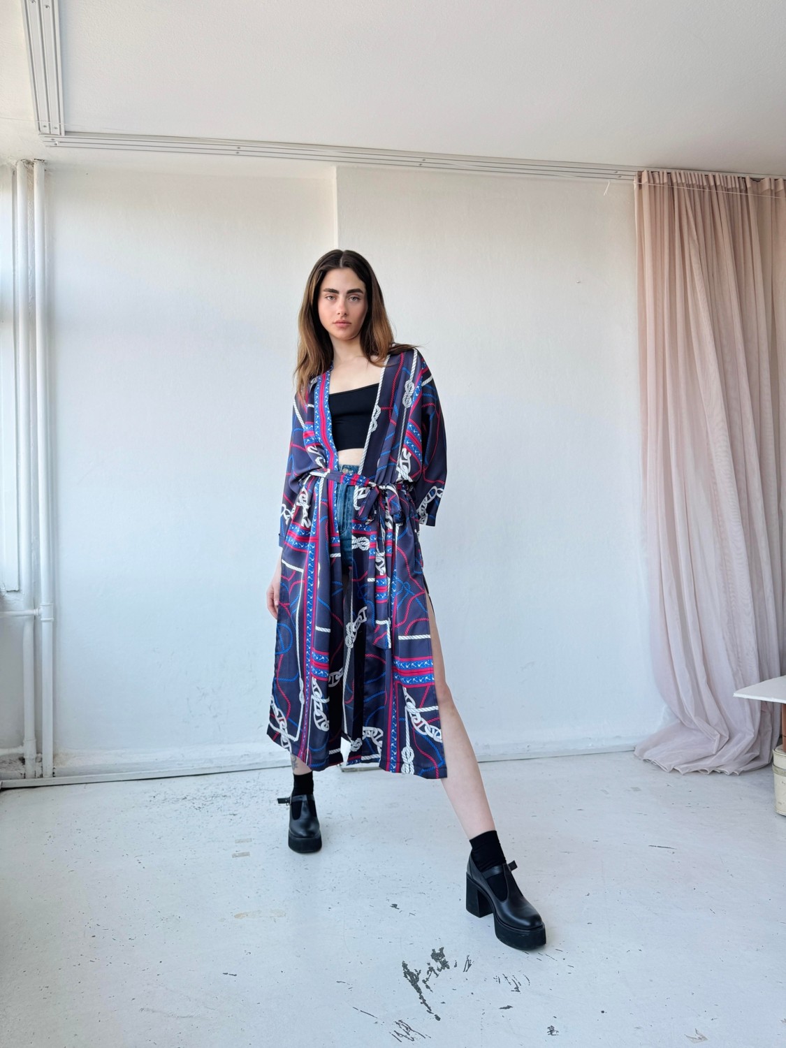 Retrobird Tasarım Marin Zincir Desen Uzun Kimono Kadın Lacivert görsel 8