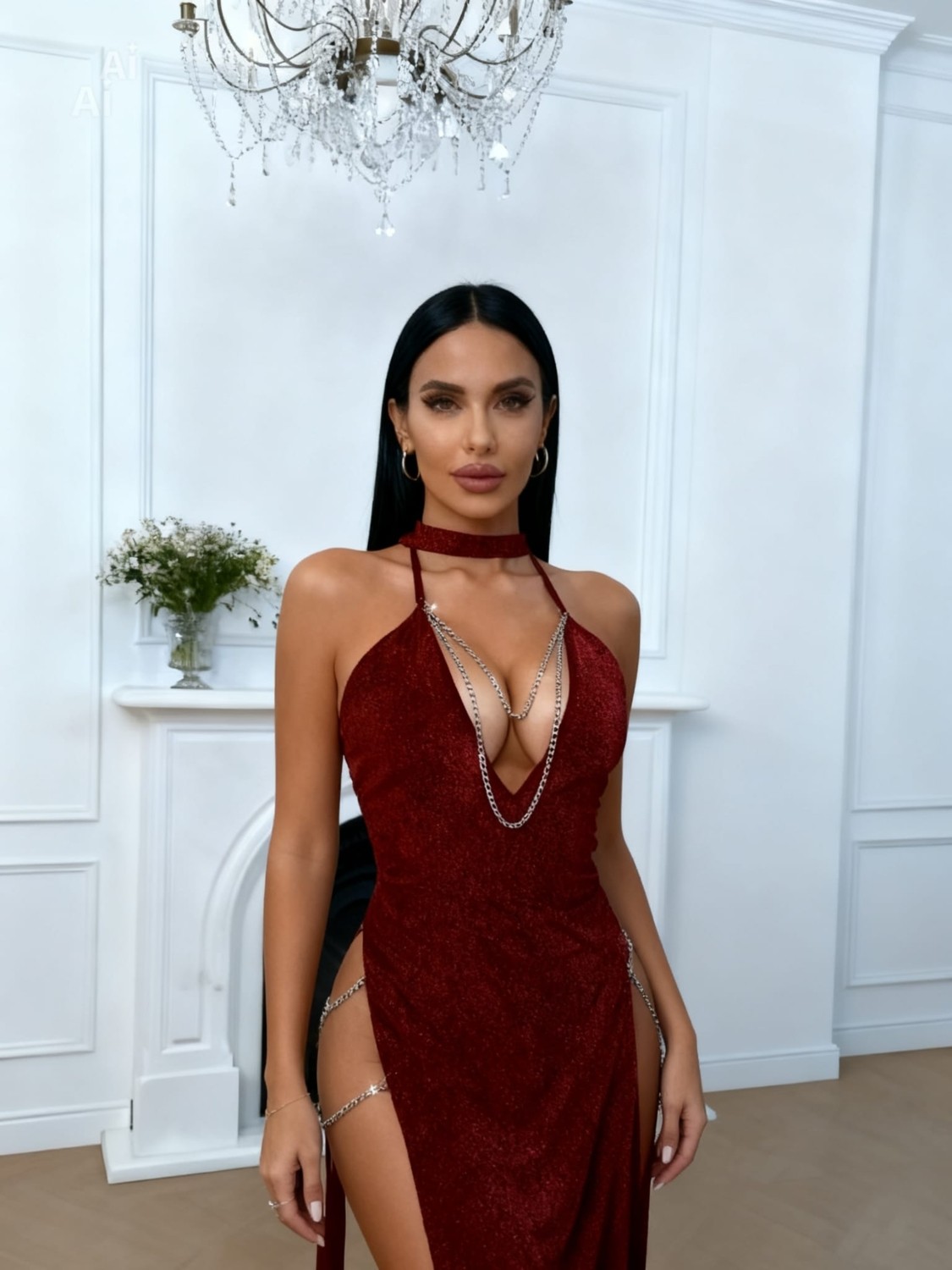 NiCe İç Giyim Bordo Simli Zincir Detaylı Seksi Fantezi Gece Kadın Elibesesi