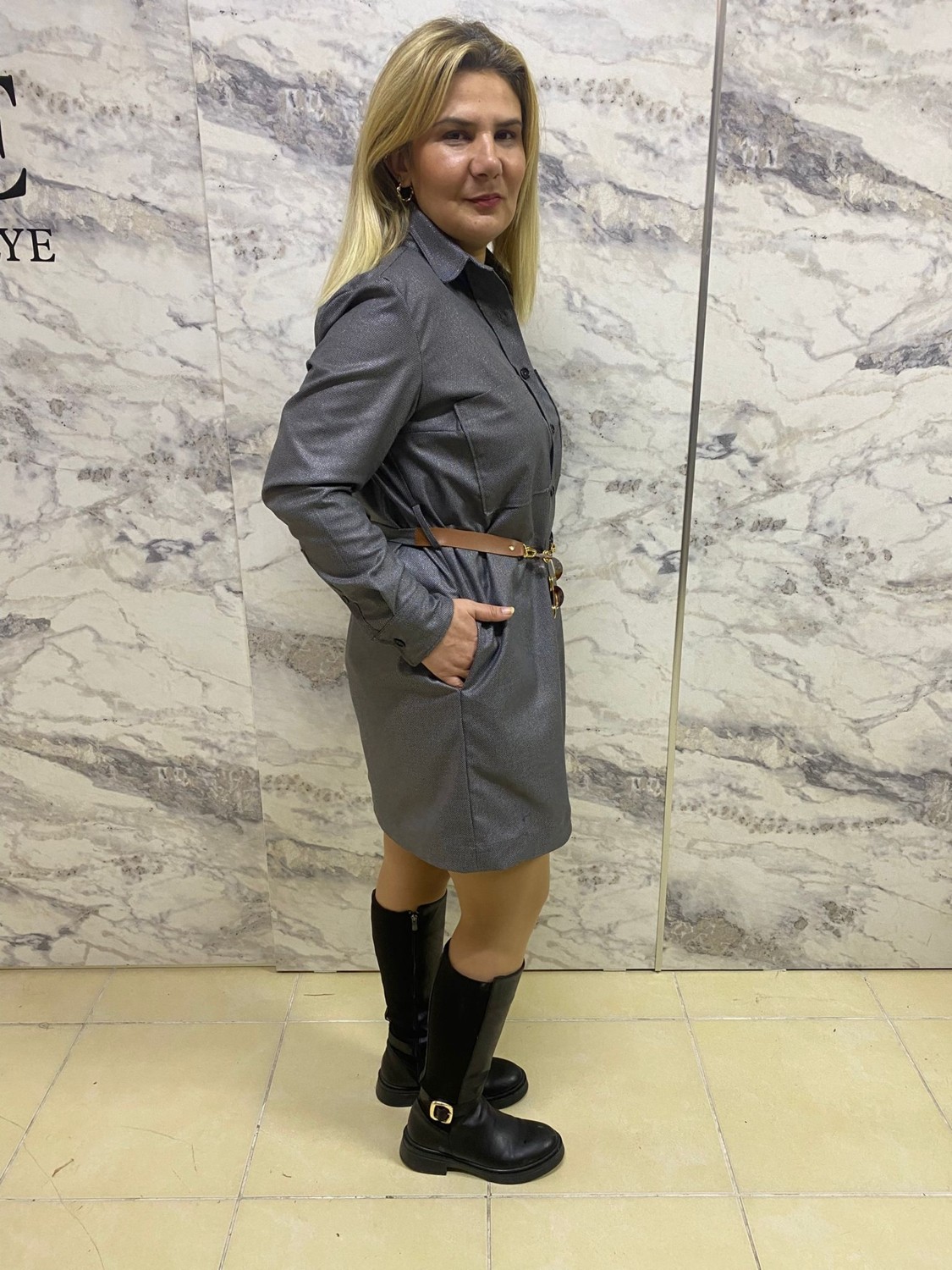 Be Atölye Butik Kemerli Yan Cepli Tam Boy Düğmeli Kadın Elbise görsel 2