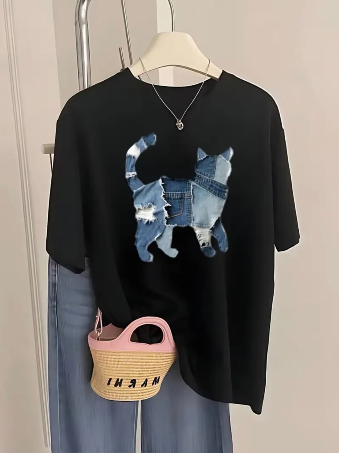 Mercoledi Denim Kedi Baskılı Oversize Bisiklet Yaka T-Shirt