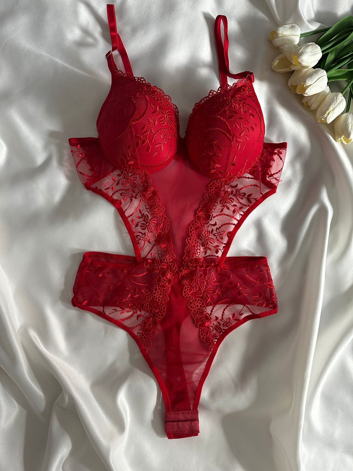 Gold Night Kadın Dantelli Deri Bordo Transparan Çıtçıtlı Sütyenli Body Bodysuit Fantezi Iç Çamaşır