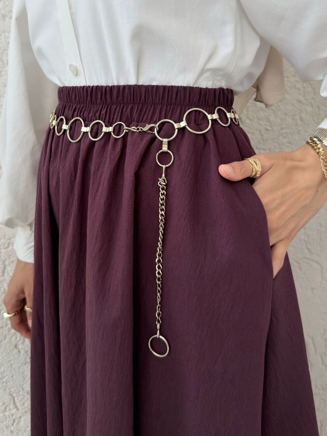 Moda Morfo Dantel İşlemeli Beli Lastikli Etek -Mürdüm görsel 6