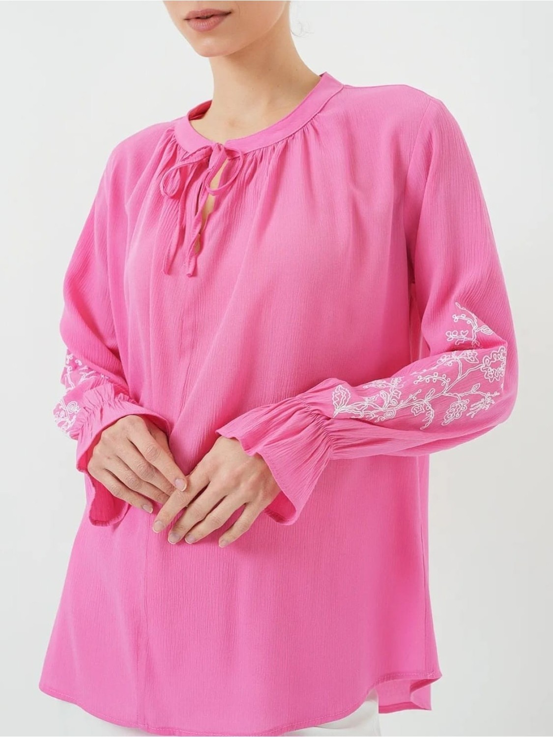 Moda Morfo Yakası Bağlamalı Kolu Nakışlı Lastikli Gömlek -Pembe görsel 3