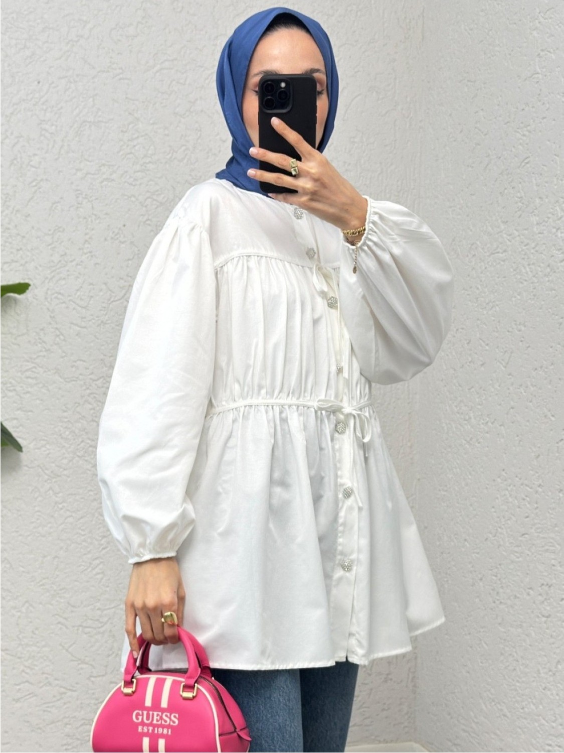 Moda Morfo Önü Bağcık Detaylı Boydan Düğmeli Gömlek Tunik -Bebe Mavi görsel 2