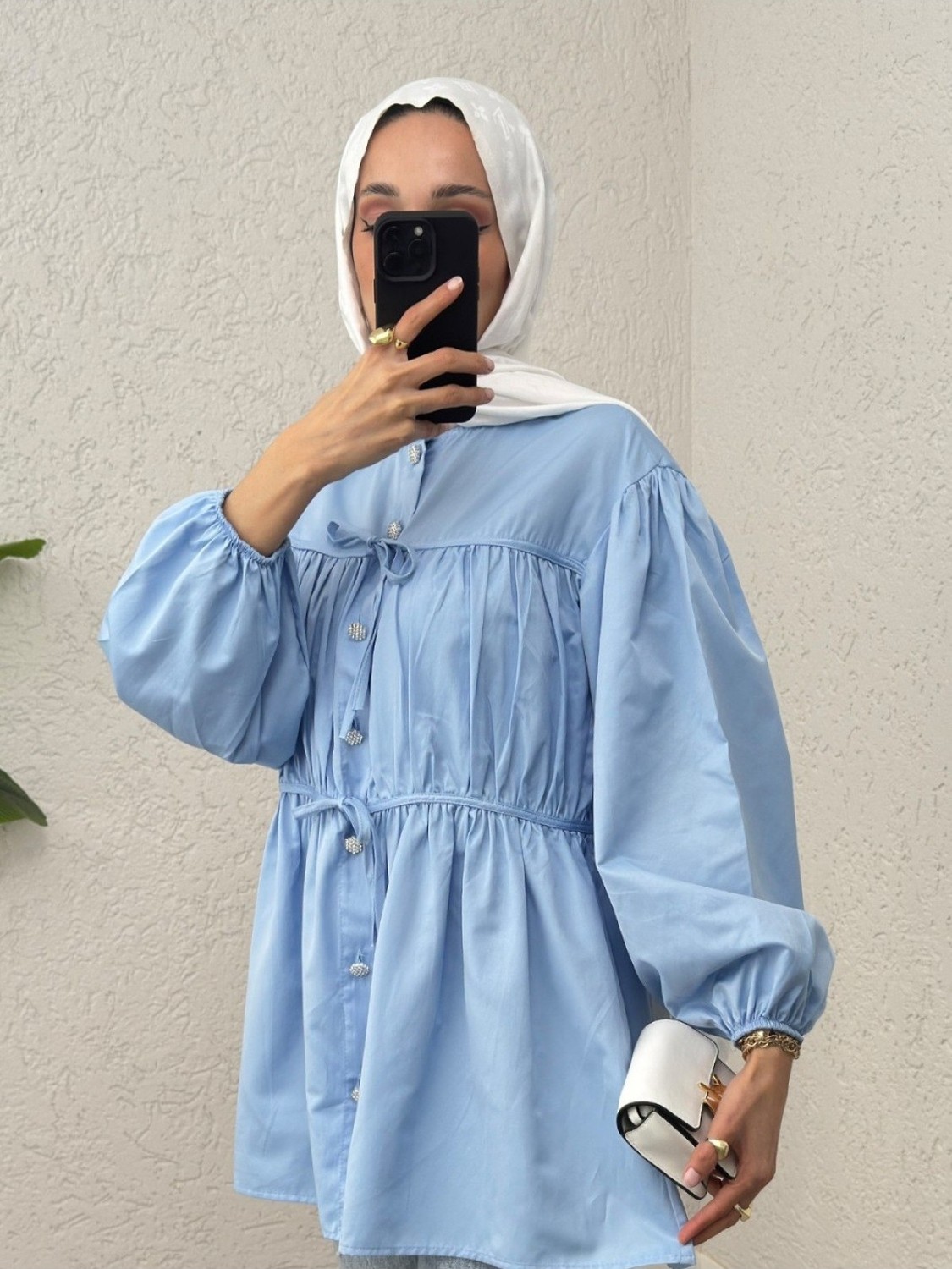 Moda Morfo Önü Bağcık Detaylı Boydan Düğmeli Gömlek Tunik -Bebe Mavi görsel 7