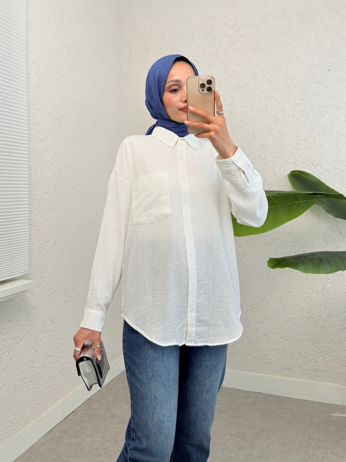 Moda Morfo Tek Cepli Düğmeli Keten Gömlek -Beyaz görsel 3