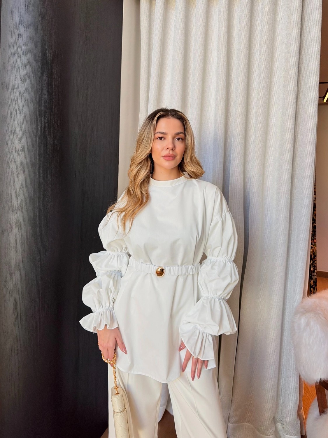 Miraydin Butik Kadın Balon Kol Detaylı Kuşaklı Gömlek M81289 - Beyaz