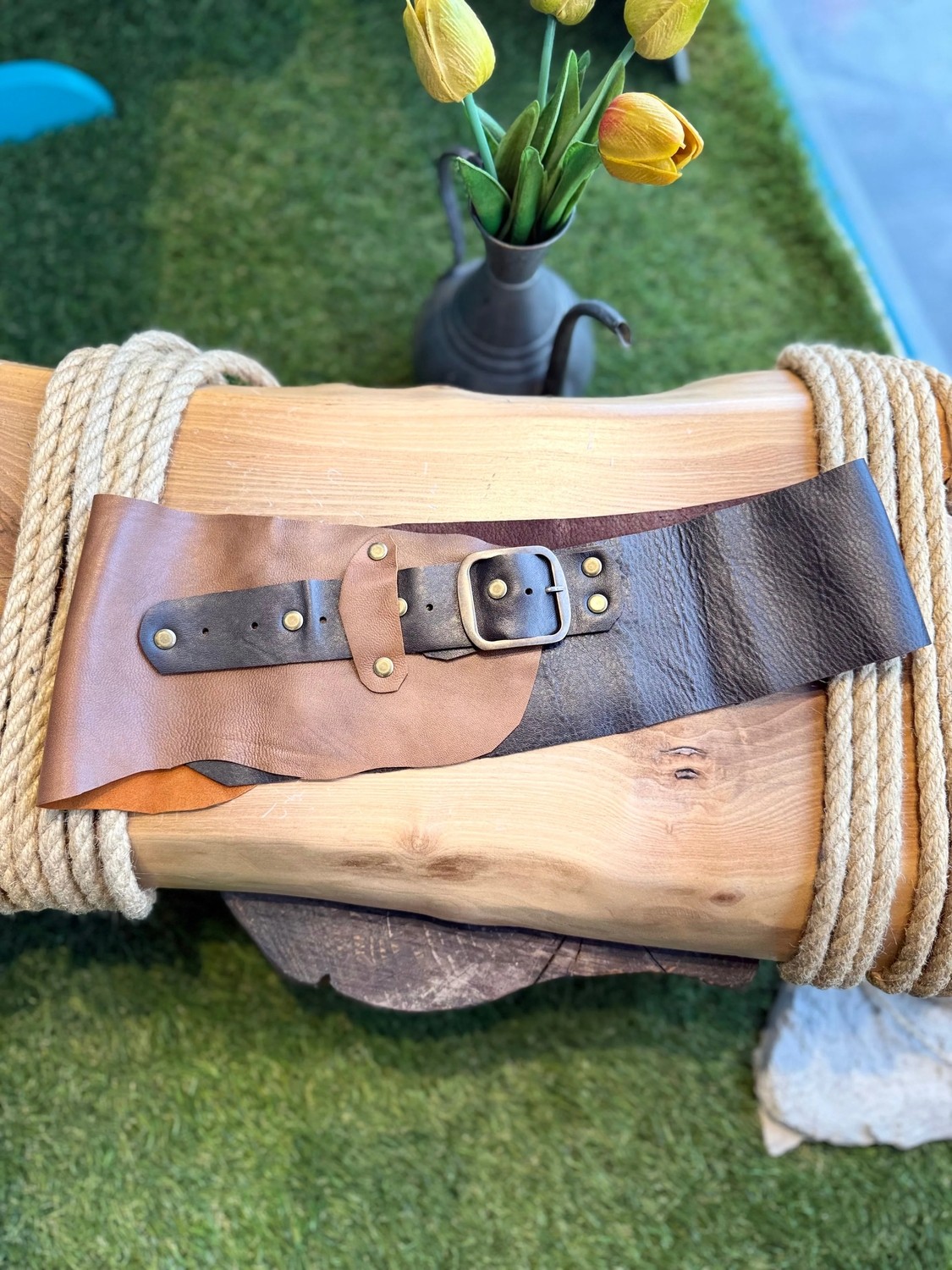 Yılday Gür Butik Wesley El Yapımı Çift Tonlu Hakiki Deri Bohem Korse Kemer - Standart Beden
