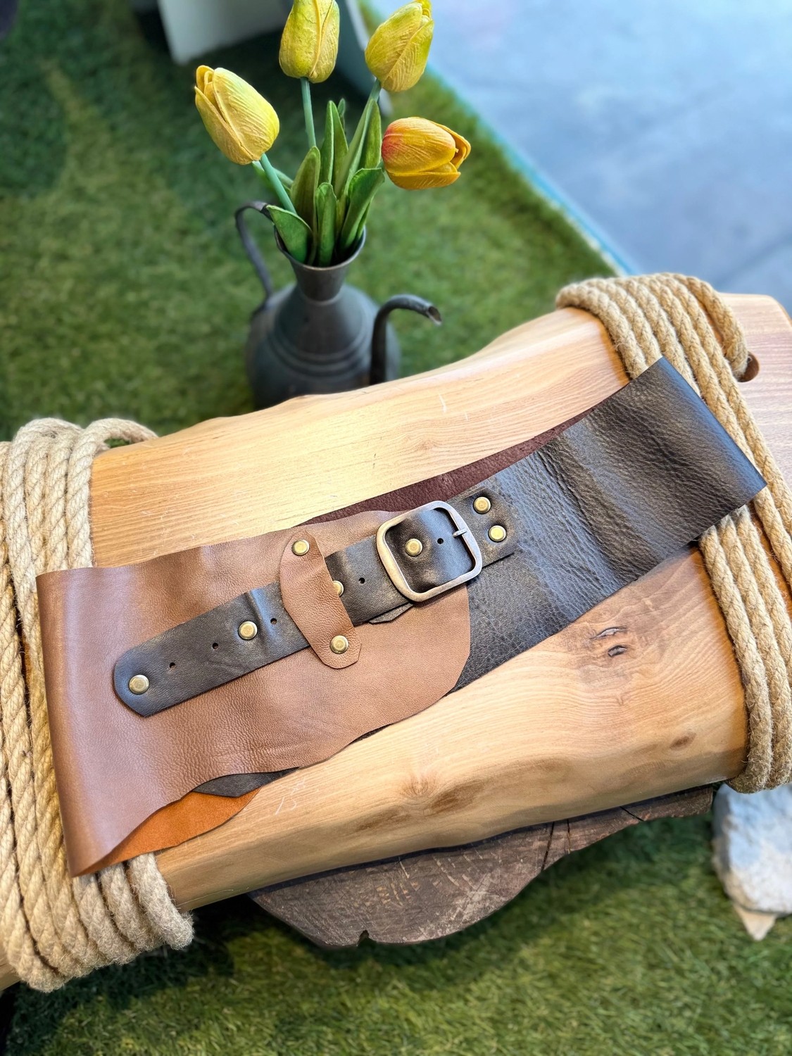 Yılday Gür Butik Wesley El Yapımı Çift Tonlu Hakiki Deri Bohem Korse Kemer - Standart Beden görsel 2