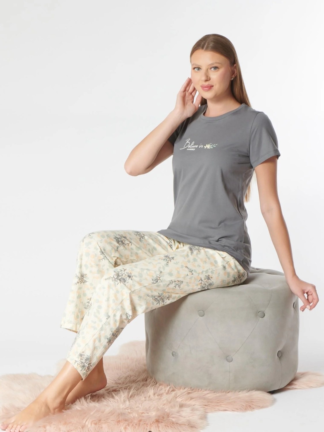 Dowry Kadın Tişört Pantolon Pijama Takımı Rahat Ev Giyim Uzun Alt Kadın Pijama Takımı Dowry 08-135