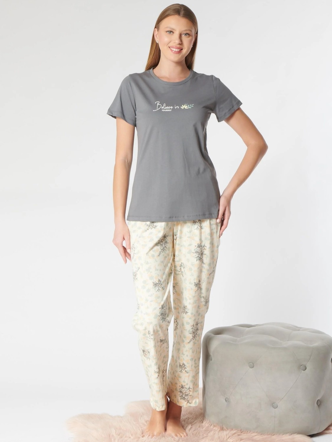 Dowry Kadın Tişört Pantolon Pijama Takımı Rahat Ev Giyim Uzun Alt Kadın Pijama Takımı Dowry 08-135 görsel 2