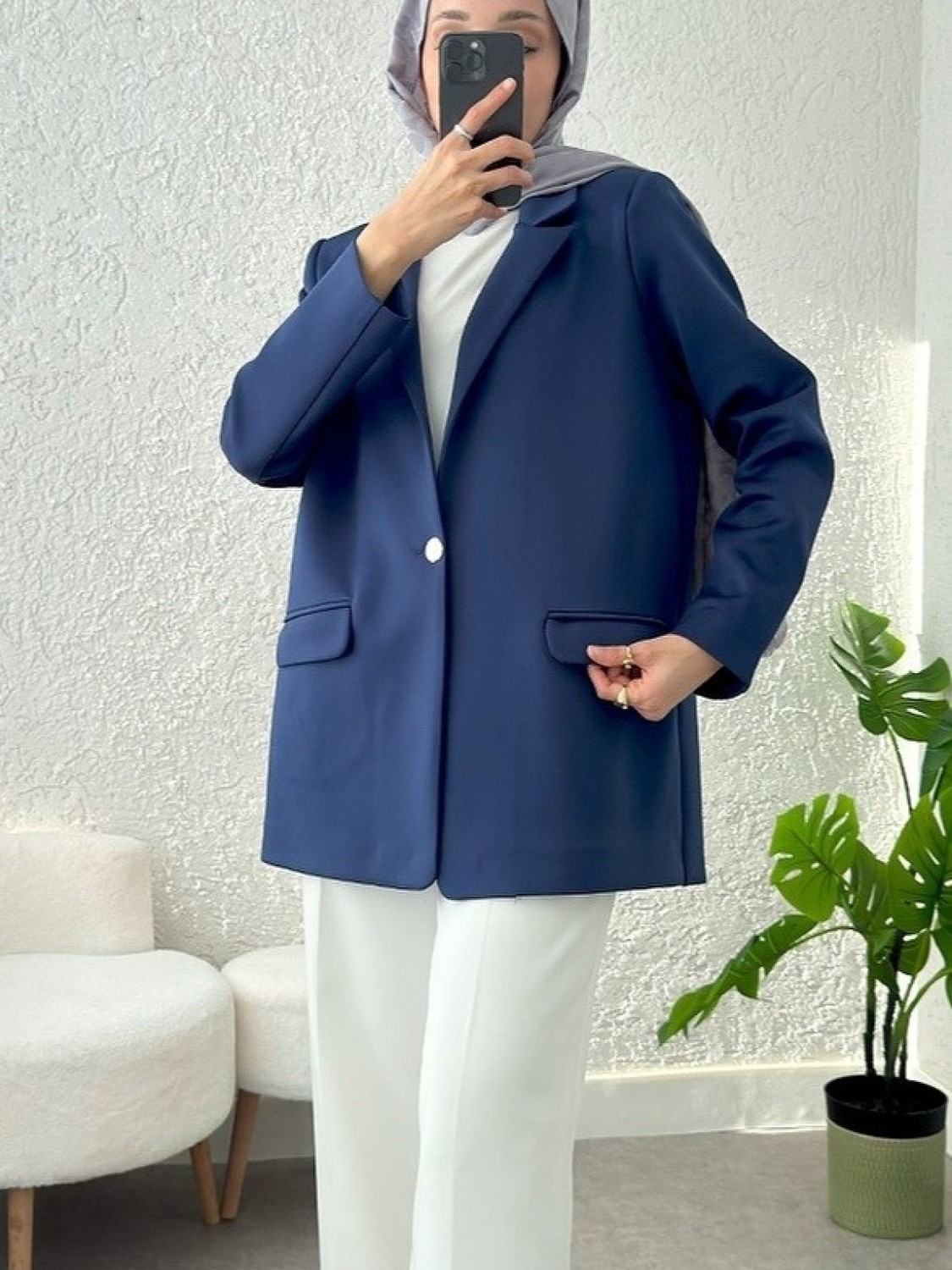 Moda Morfo Cepli Tek Düğmeli Likralı Ceket -Krem
