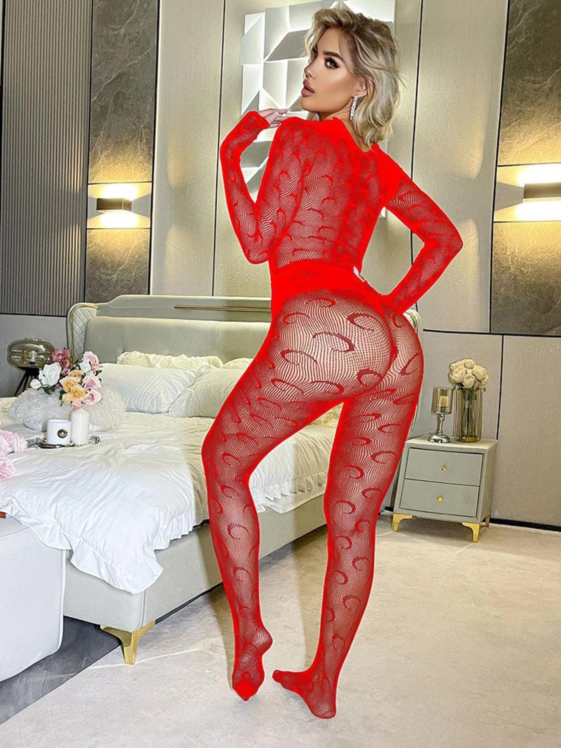 İlkyaz Fashion Kadın Seksi Özel Bölgesi Açık Fileli Fantezi Büük Bedenlere Uygun Utlra Esnek Vücut Çorabı