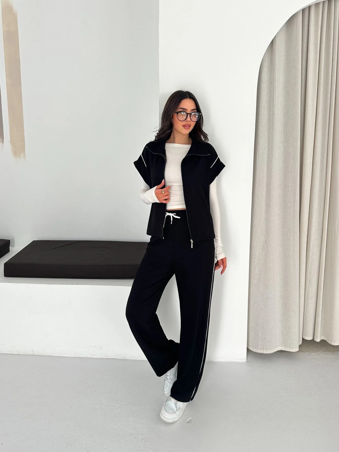 Cey Moda Kadın Modal Kumaş Garnili Sıfır Kol Dik Yaka Oversize Eşofman Takımı görsel 2