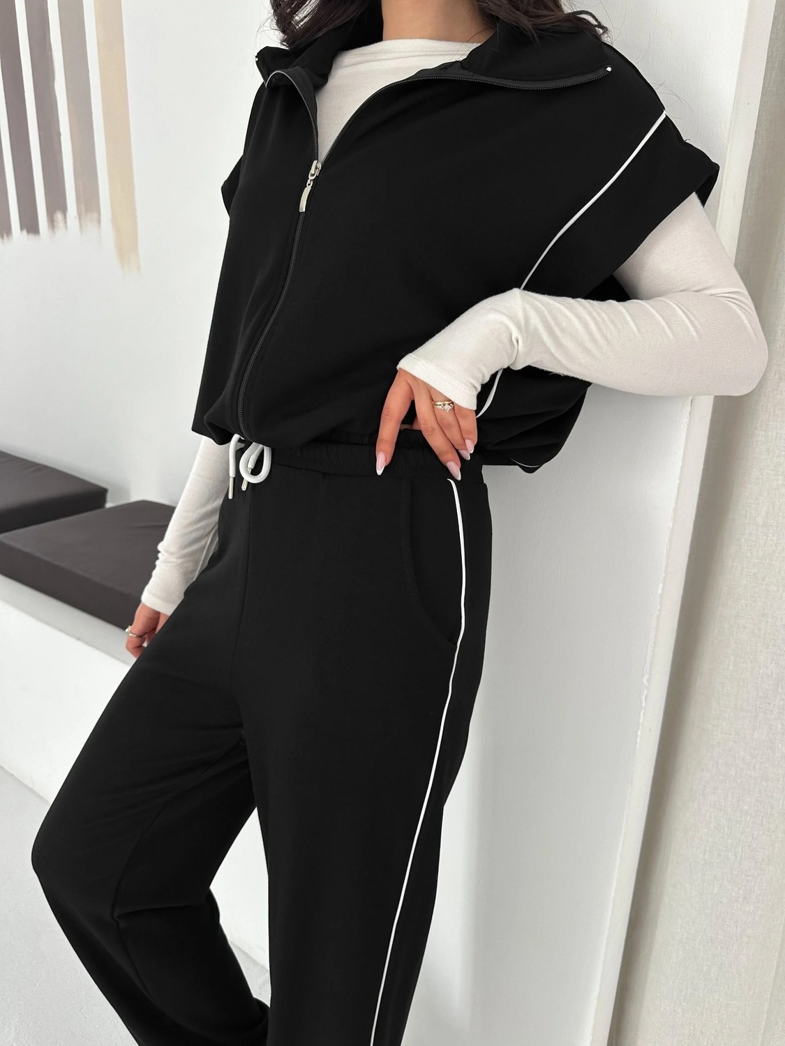 Cey Moda Kadın Modal Kumaş Garnili Sıfır Kol Dik Yaka Oversize Eşofman Takımı görsel 3