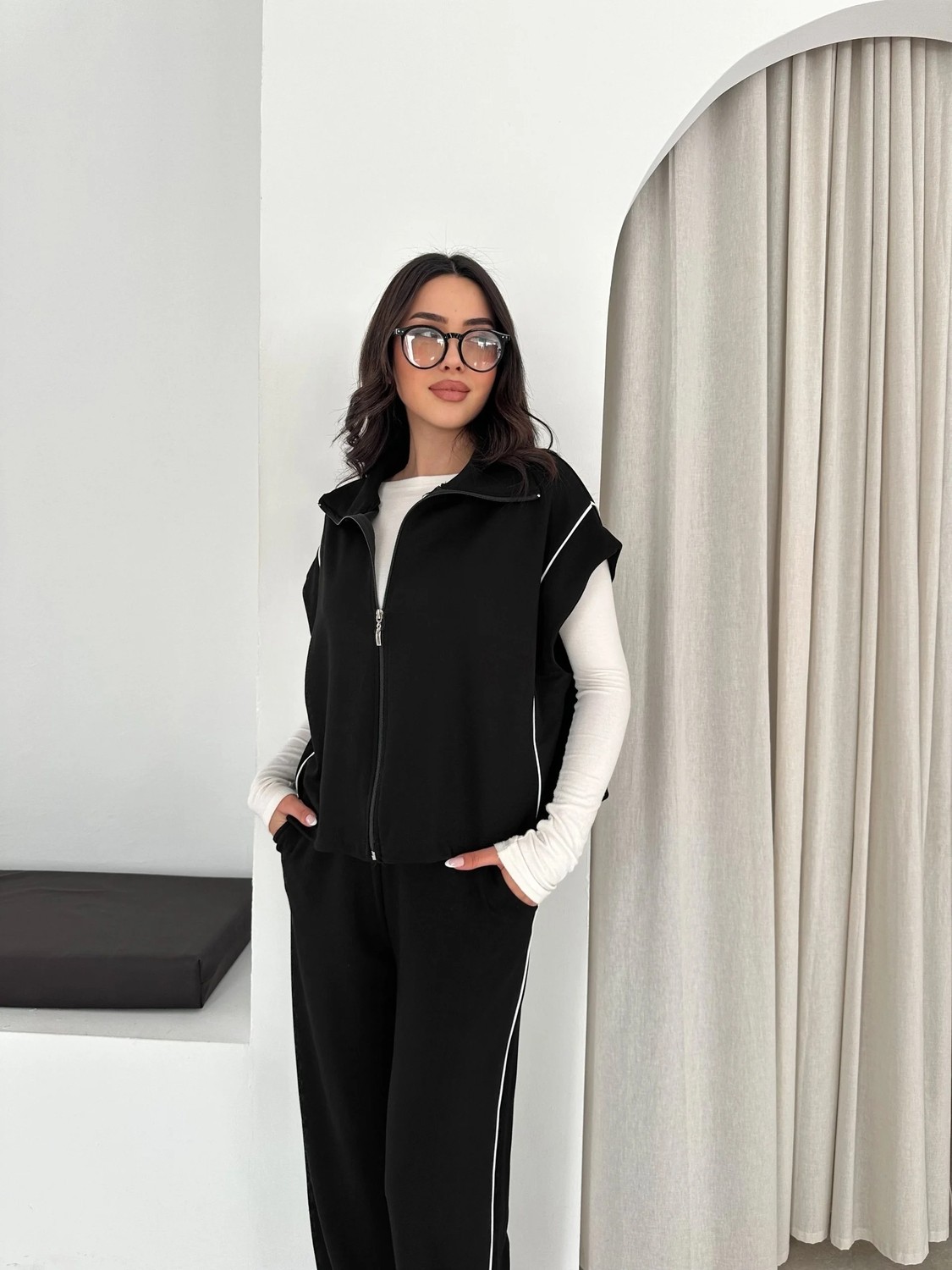 Cey Moda Kadın Modal Kumaş Garnili Sıfır Kol Dik Yaka Oversize Eşofman Takımı görsel 4