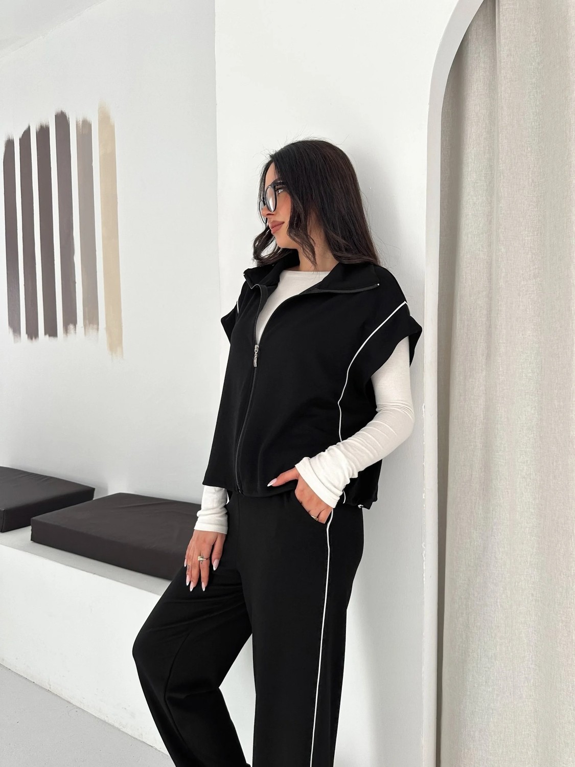 Cey Moda Kadın Modal Kumaş Garnili Sıfır Kol Dik Yaka Oversize Eşofman Takımı görsel 6
