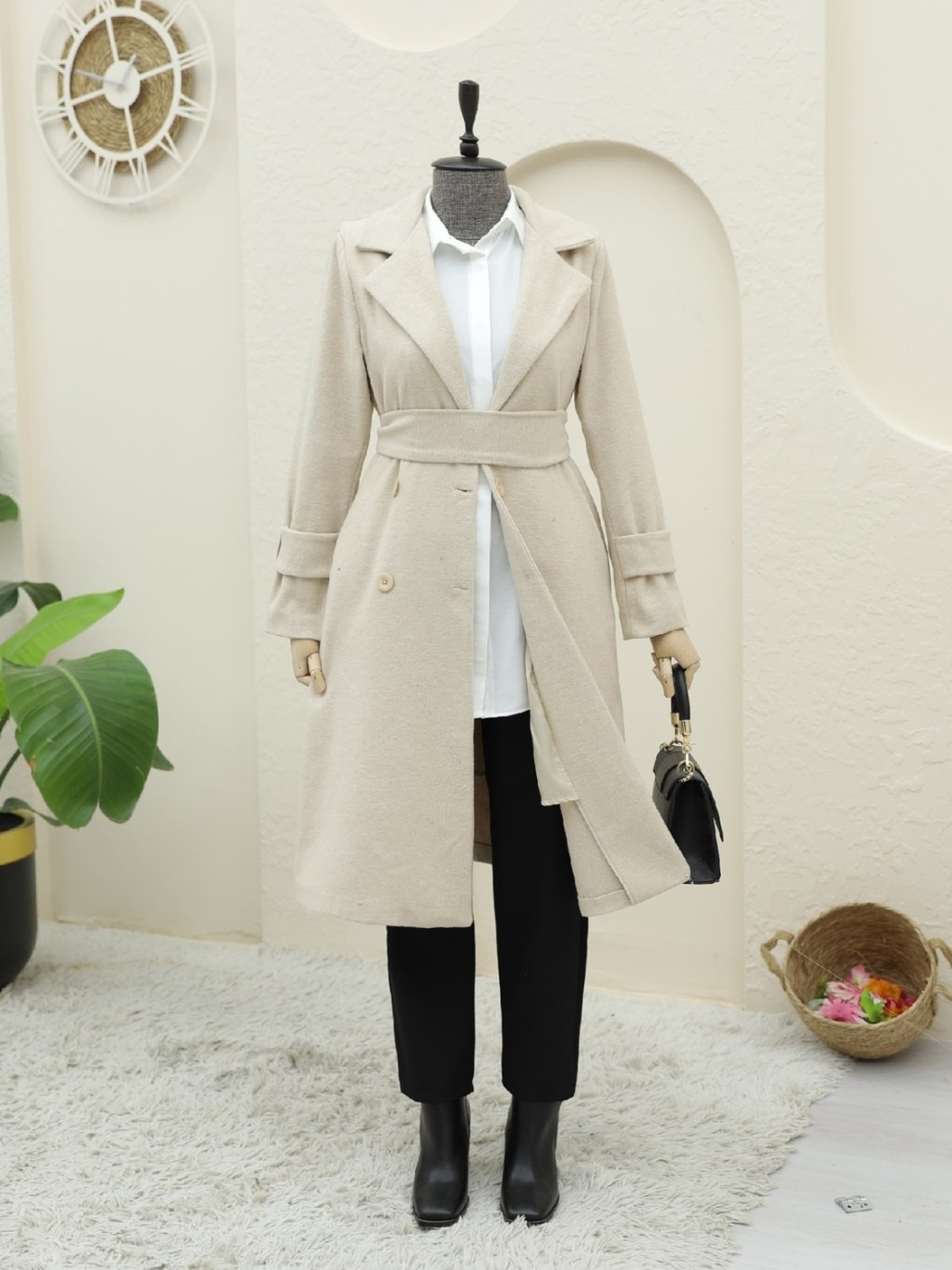 Moda Morfo Arkası Bolero Detaylı Kemerli Kaşe Kaban -Haki görsel 7