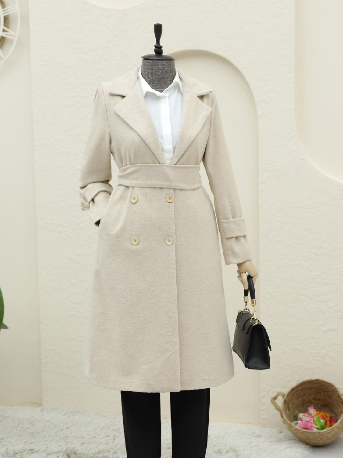 Moda Morfo Arkası Bolero Detaylı Kemerli Kaşe Kaban -Haki görsel 8