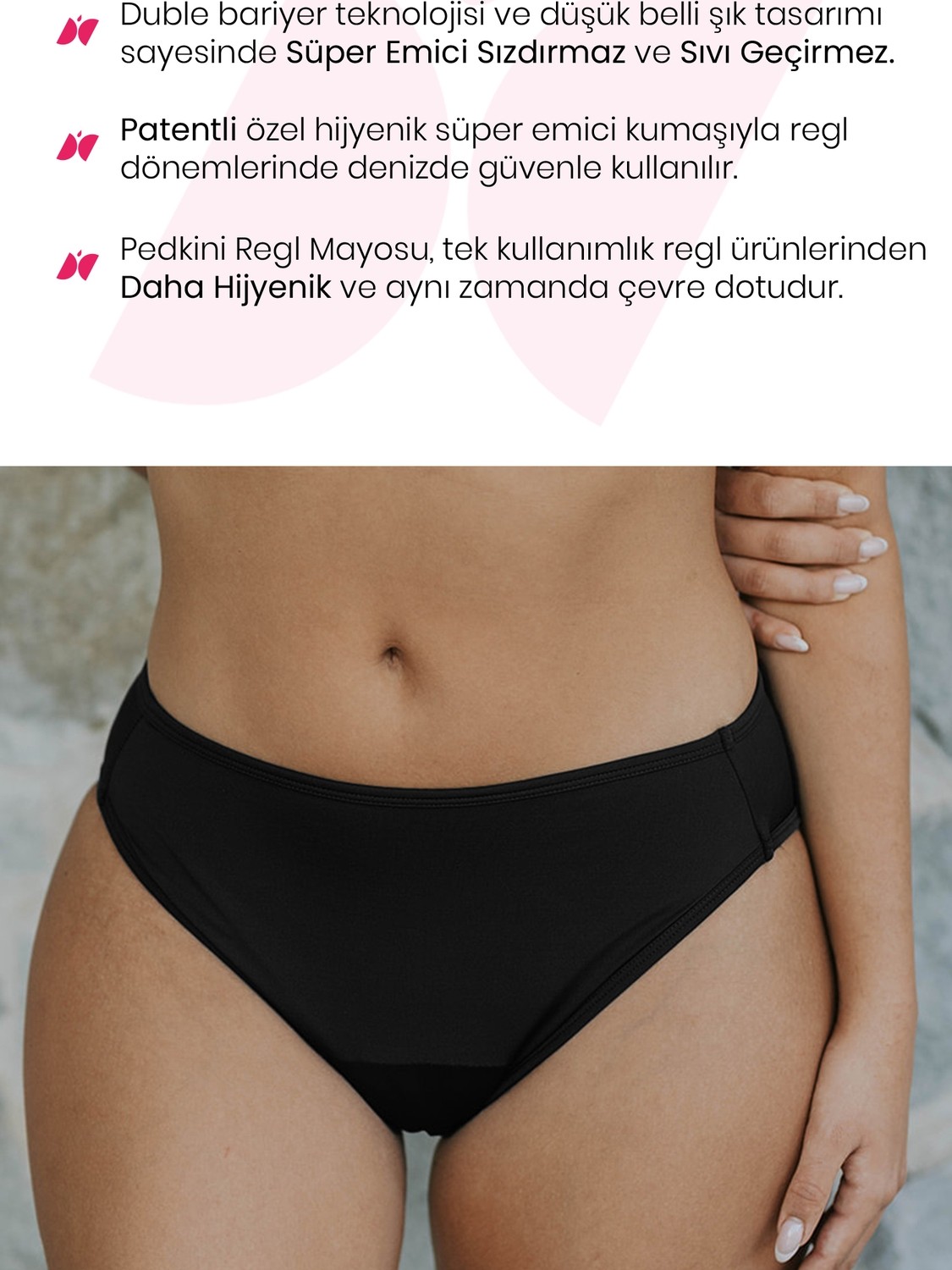 Peddon Regl Dönemine Özel Konforlu Pedkini Mayo Altı Süper Emici Düşük Bel Bikini Altı Siyah Regl Mayosu görsel 2