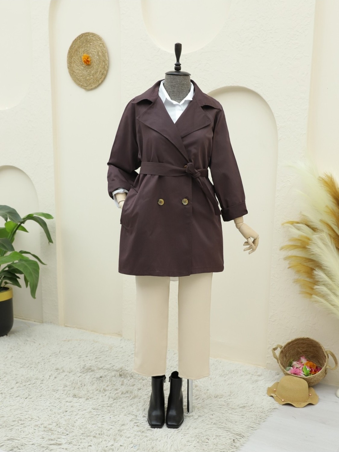 Moda Morfo Bolero Detaylı Düğmeli Ara Boy Trençkot -Mürdüm