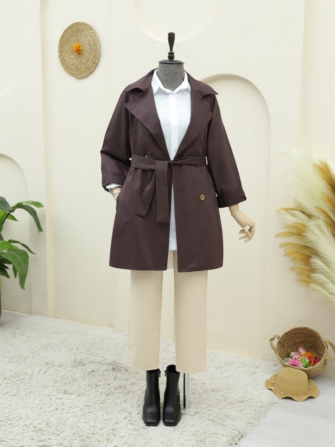 Moda Morfo Bolero Detaylı Düğmeli Ara Boy Trençkot -Mürdüm görsel 3