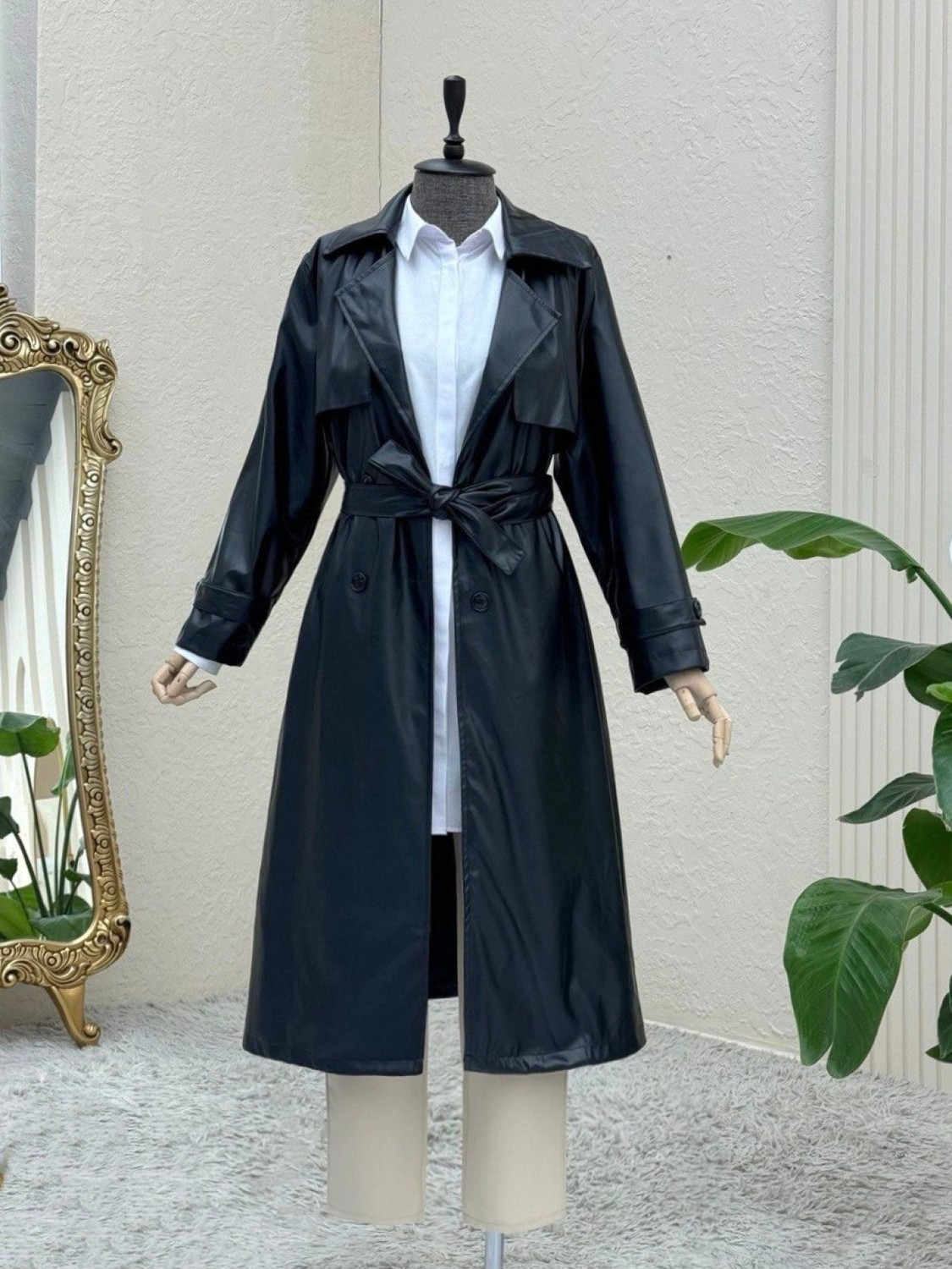Moda Morfo Bolerolu Beli Bağcıklı Uzun Deri Kap -Siyah görsel 2