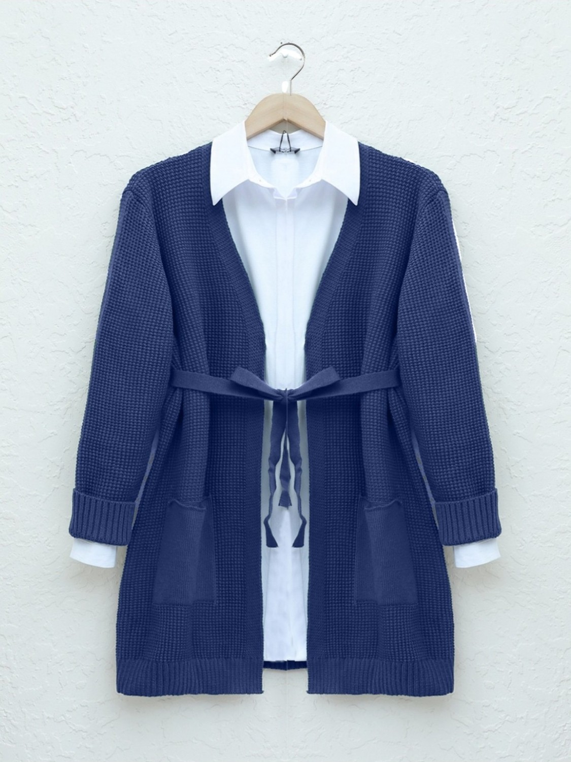 Moda Morfo Bağcıklı Prinç Örgü Triko Hırka -İndigo