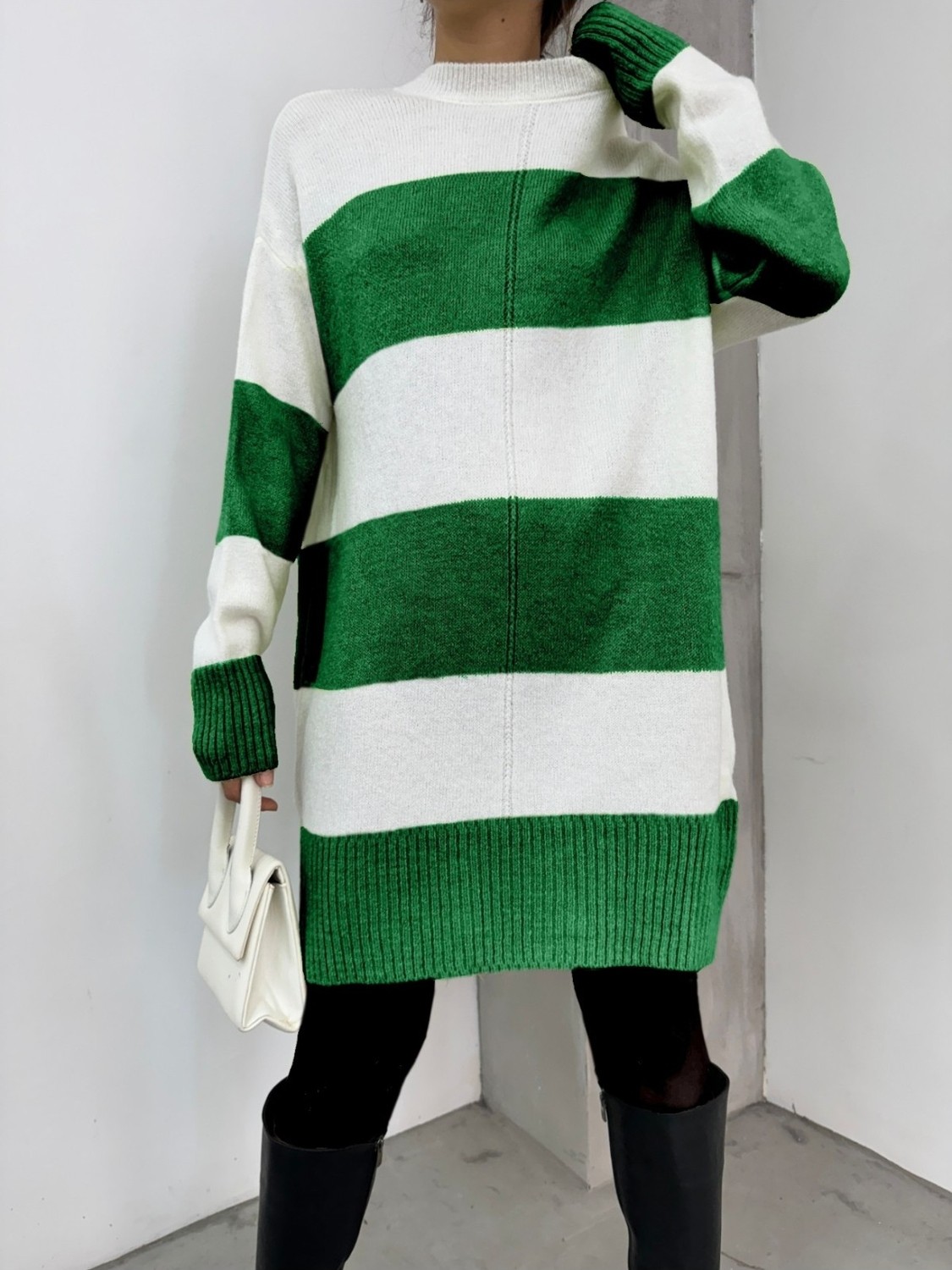 Moda Morfo Kalın Çizgili Triko Tunik -Yeşil