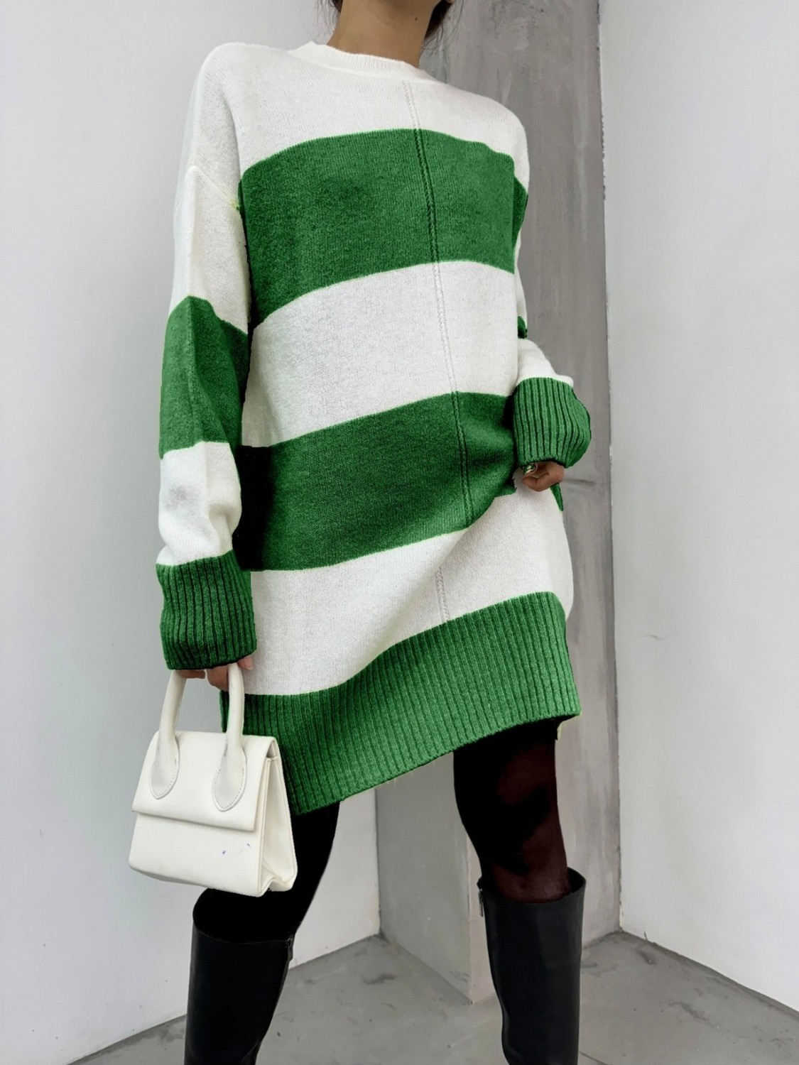 Moda Morfo Kalın Çizgili Triko Tunik -Yeşil görsel 7
