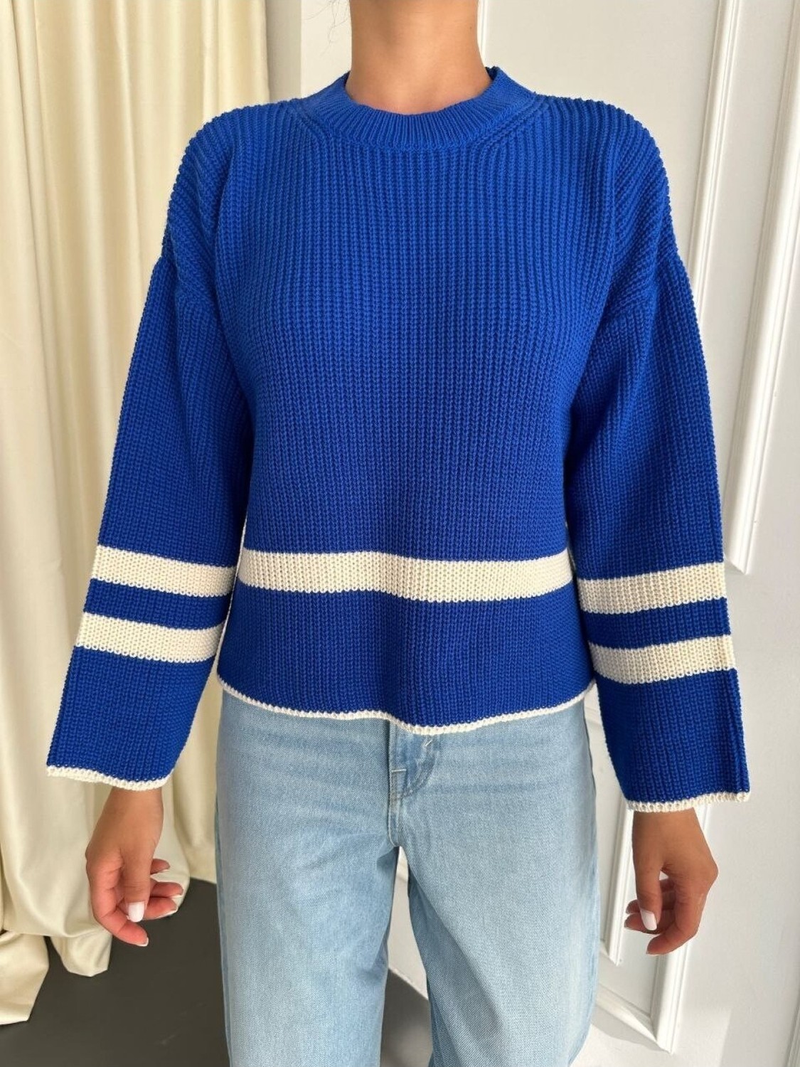 Moda Morfo Yanları Düğmeli Örgü Desen Triko Kazak -Saks görsel 6