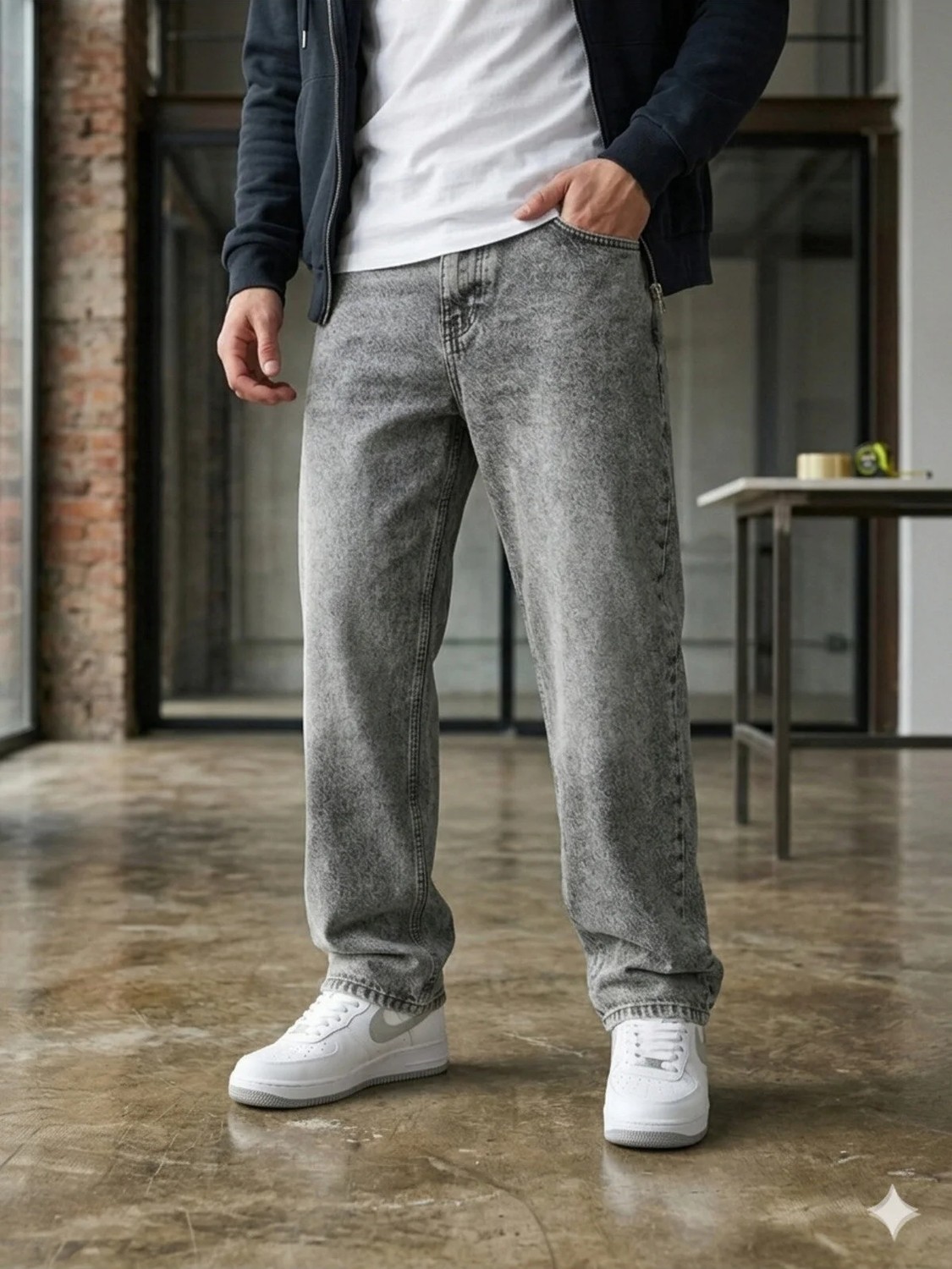 Modamesto Erkek Gri Baggy Fit Geniş Kesim Jean Pantolon görsel 2
