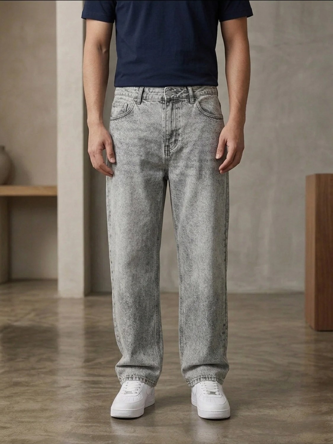 Ser Joven Erkek Siyah Taşlamalı Baggy Fit Geniş Kesim Jean Pantolon