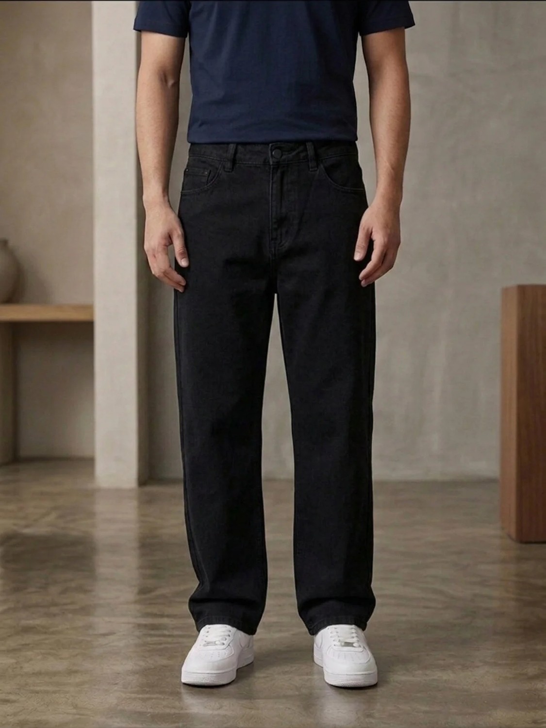 Ser Joven Erkek Siyah Taşlamalı Baggy Fit Geniş Kesim Jean Pantolon