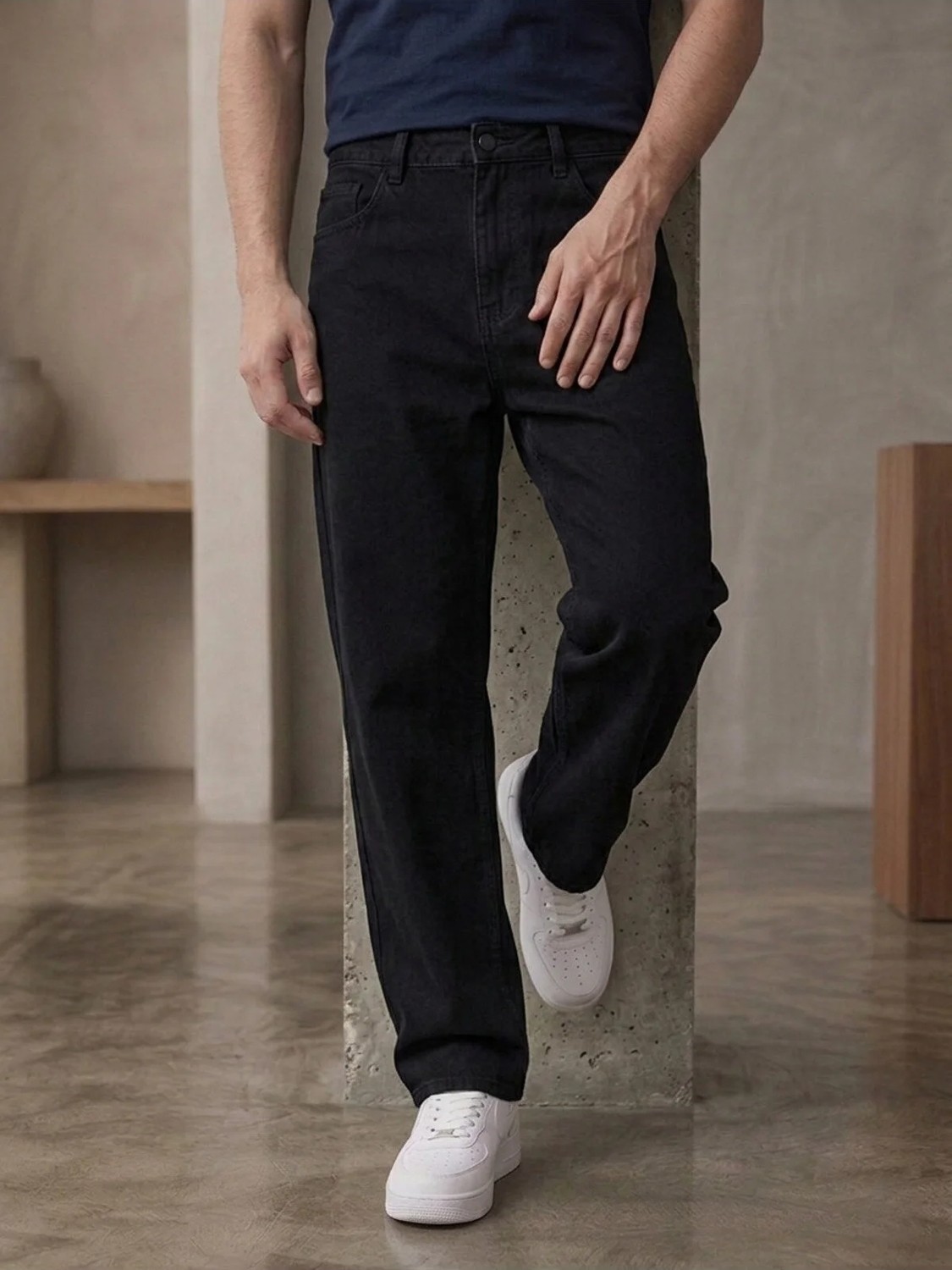 Ser Joven Erkek Siyah Taşlamalı Baggy Fit Geniş Kesim Jean Pantolon görsel 2