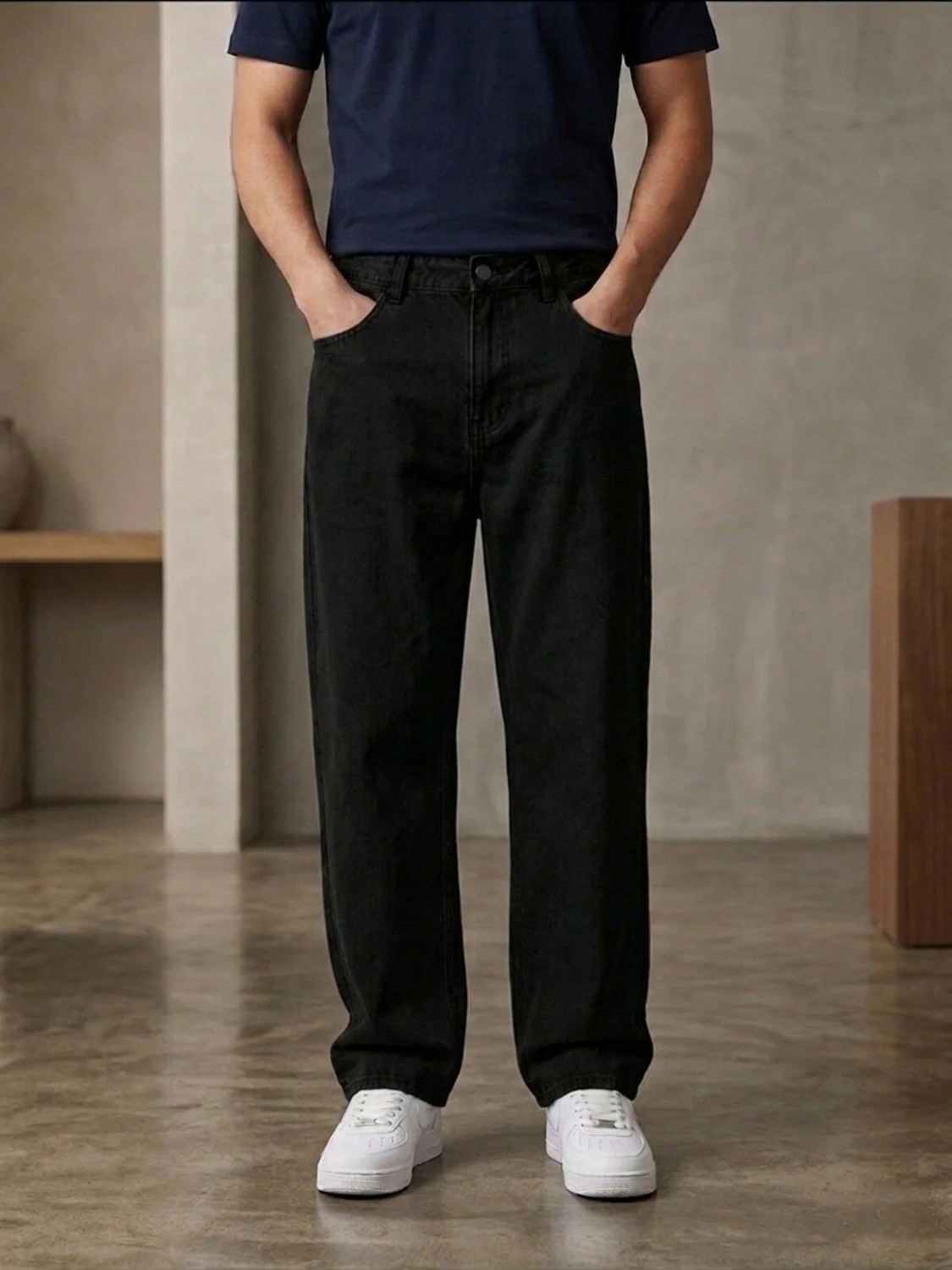 Ser Joven Erkek Siyah Taşlamalı Baggy Fit Geniş Kesim Jean Pantolon görsel 3