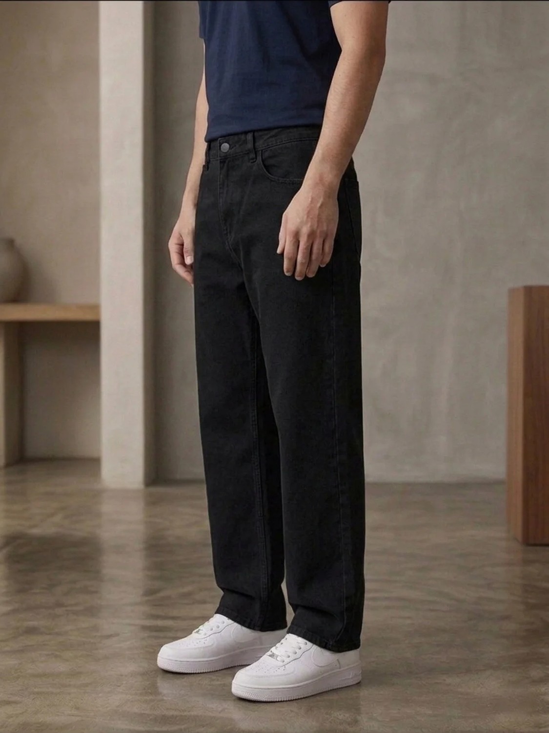 Ser Joven Erkek Siyah Taşlamalı Baggy Fit Geniş Kesim Jean Pantolon görsel 4