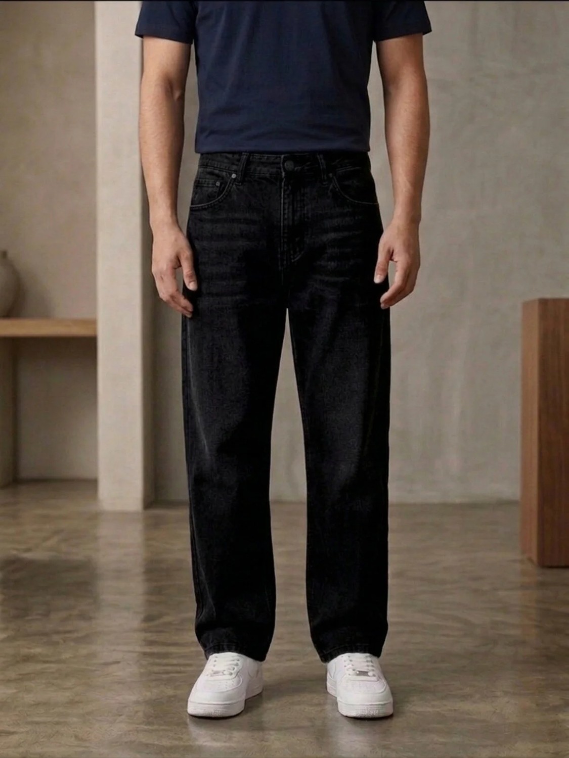Ser Joven Erkek Siyah Taşlamalı Baggy Fit Geniş Kesim Jean Pantolon görsel 6