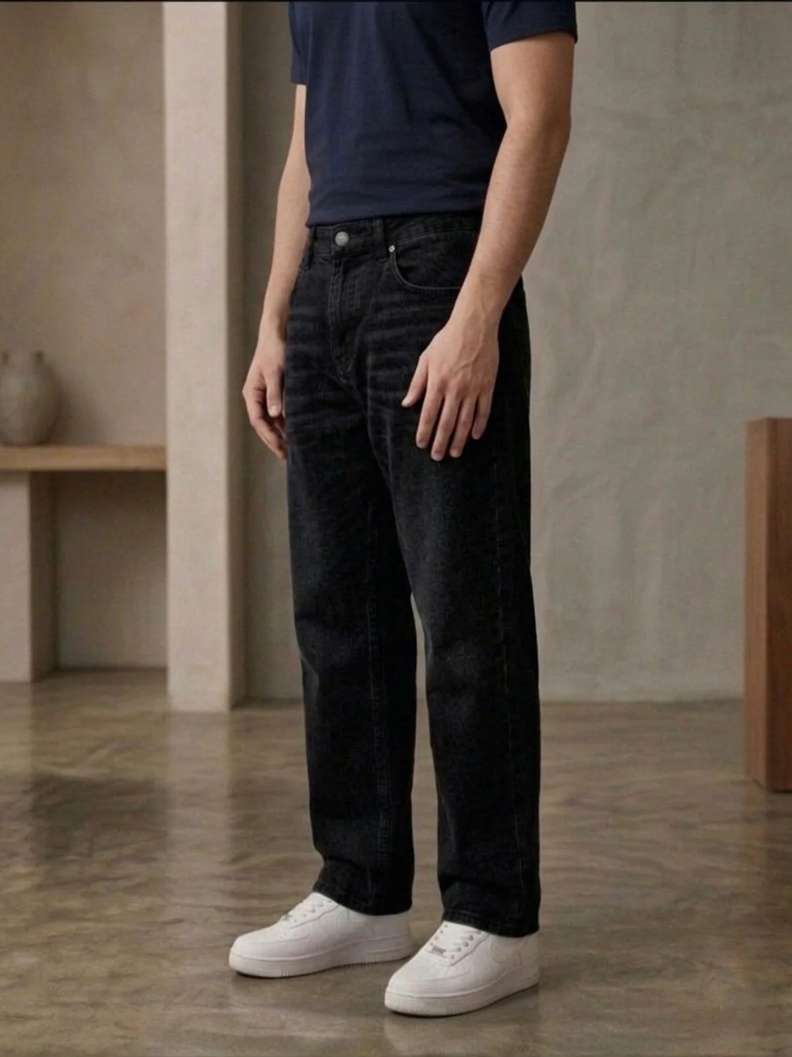 Ser Joven Erkek Siyah Taşlamalı Baggy Fit Geniş Kesim Jean Pantolon görsel 7