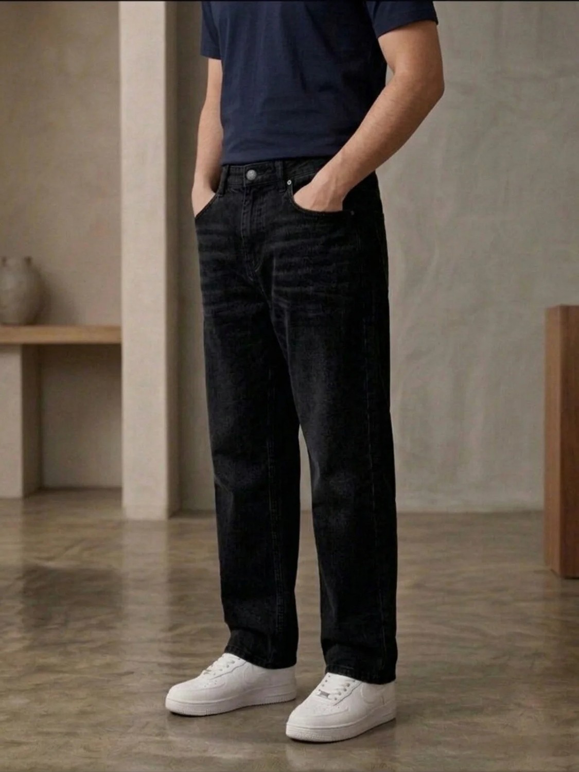 Ser Joven Erkek Siyah Taşlamalı Baggy Fit Geniş Kesim Jean Pantolon görsel 8