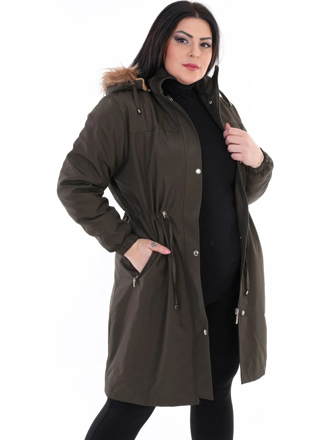 TUTveAL Collection Kadın Içi Kürklü Mont Uzun Kapitone Mont Kapüşonlu Büyük Beden Mont - Vizon-50 görsel 7