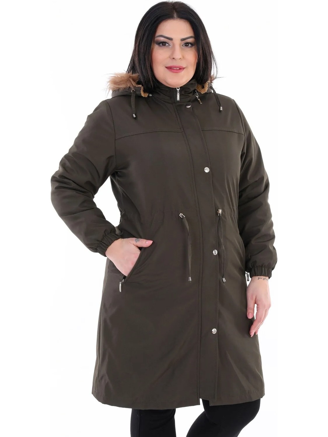 TUTveAL Collection Kadın Içi Kürklü Mont Uzun Kapitone Mont Kapüşonlu Büyük Beden Mont - Vizon-50 görsel 8