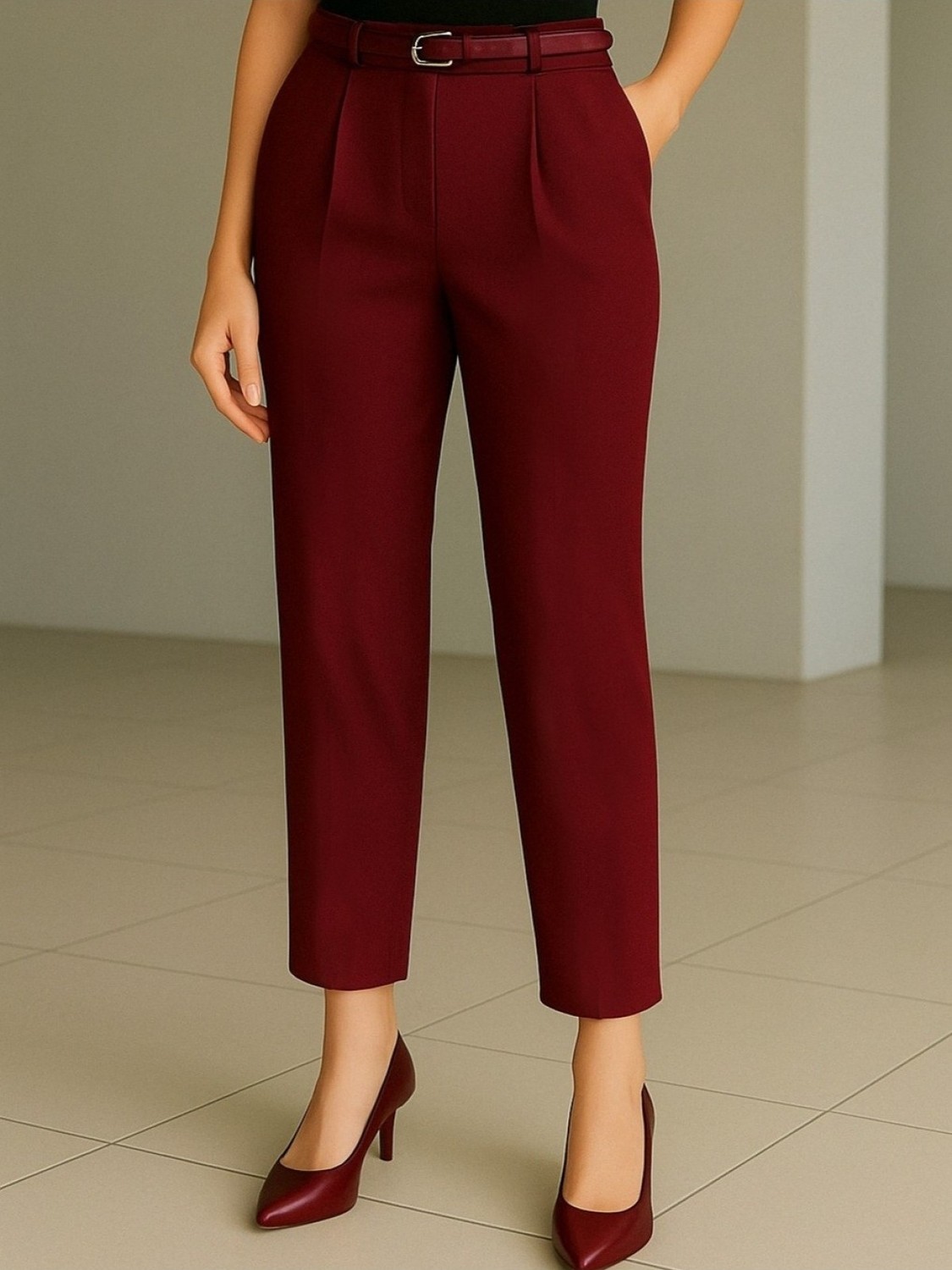 Moda Morfo Beli Kemerli Çift Cepli Pantolon -Bordo görsel 5